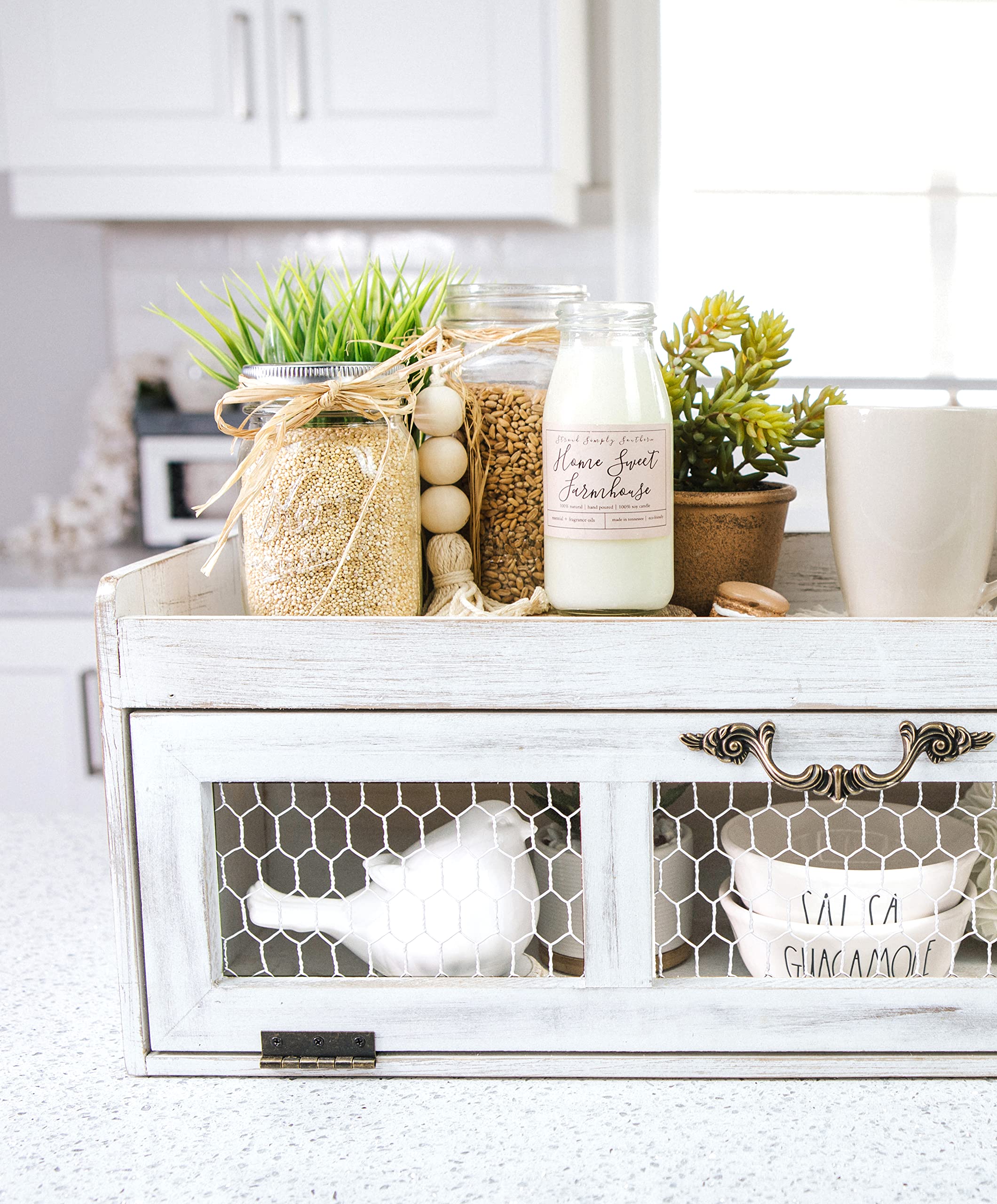 Farmhouse Chicken Wire Countertop Shelving Organizer - Rustic Kitchen Pantry Storage Cabinet with Felt Liner - Decorative Display for Country Kitchen Island - White | Perfect for Organizing Spices, Cookbooks, and Kitchen Essentials