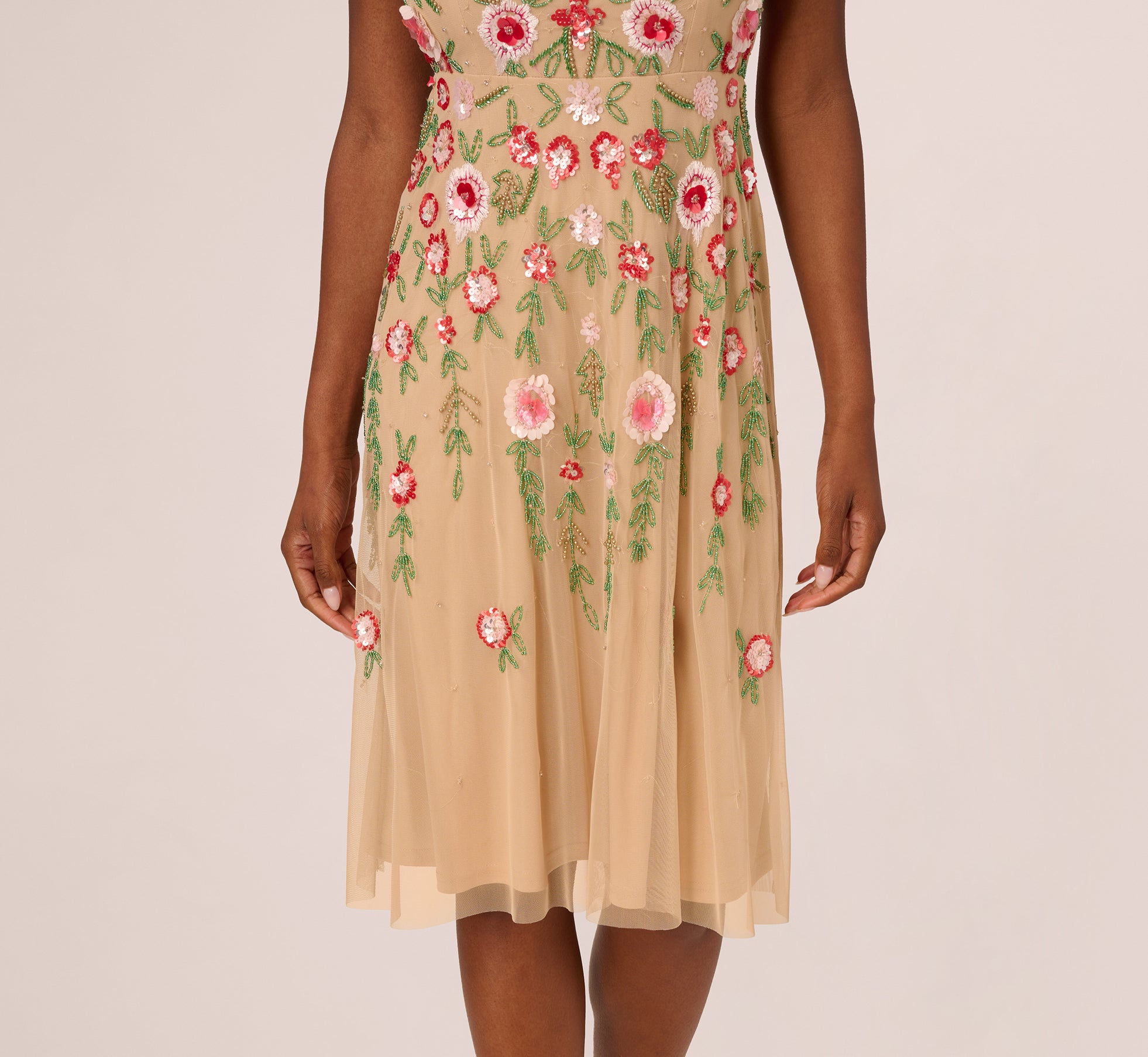 Sleeveless Fringe Trim Floral Bead Midi Dress in Nude Multi - Boho Summer Dress for Beach Wedding, Vacation & Party Wear