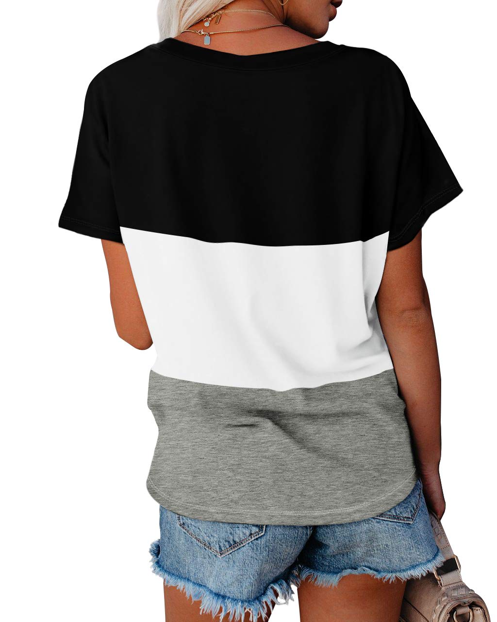 WEESO Women's V-Neck Color Block T-Shirt - Summer Short Sleeve Casual Top for Everyday Wear, Outings & Beach Days