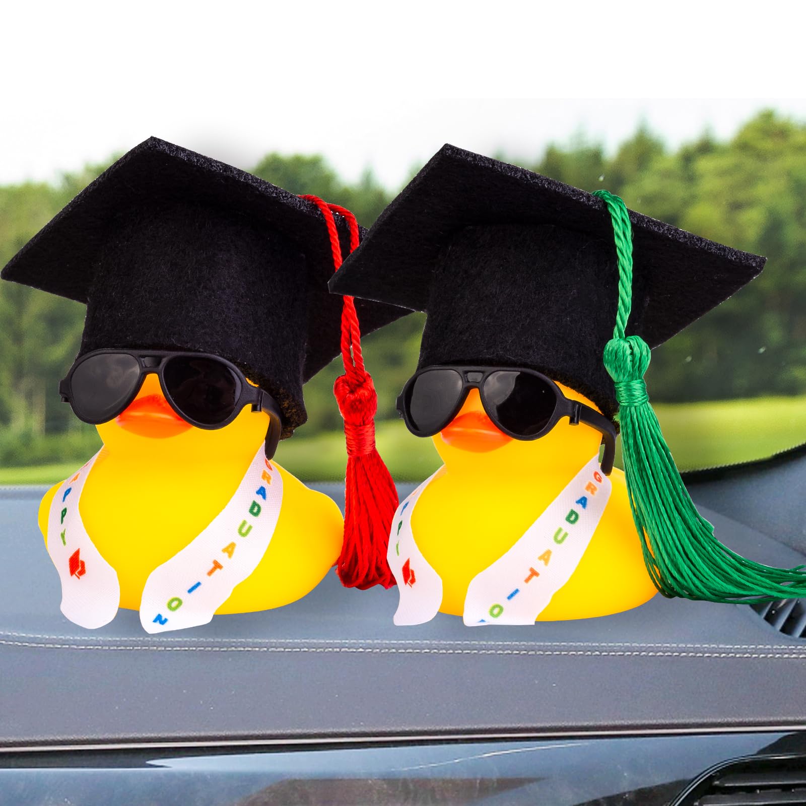 Graduation Rubber Duck Car Decorations 2 Pack - Mini Graduation Hats, Sashes & Glasses - Fun Dashboard Ornaments for Graduation Party, Gift, Celebration & Car Accessories - Perfect for Graduates, Students & Teachers