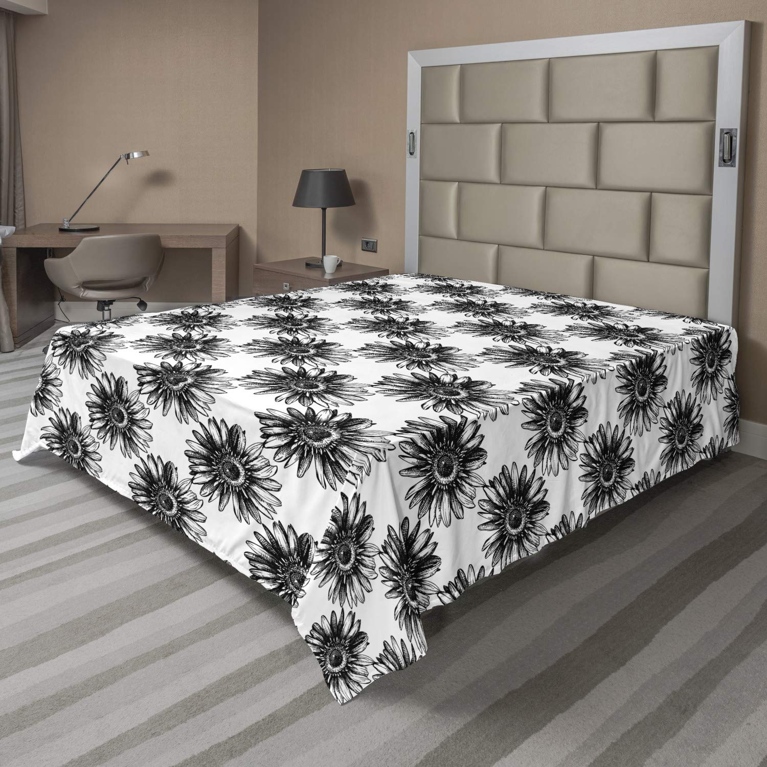 Ambesonne Floral Flat Sheet - Hand Drawn Sketchy Monochrome Flowers, Grunge Theme | Soft & Comfortable King Size Top Sheet | Charcoal Grey & White | Perfect for Bohemian & Vintage Bedroom Decor