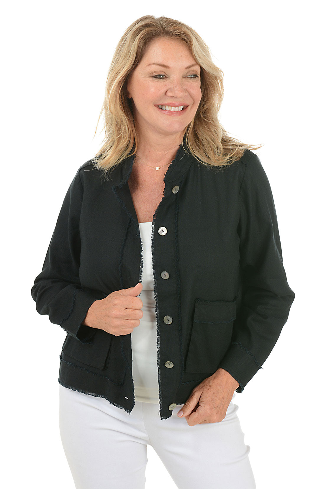Stylish Frayed Double Pocket Linen Blend Jacket for Women - Casual Spring & Fall Outerwear - Perfect for Office, Date Night and Weekend Outings