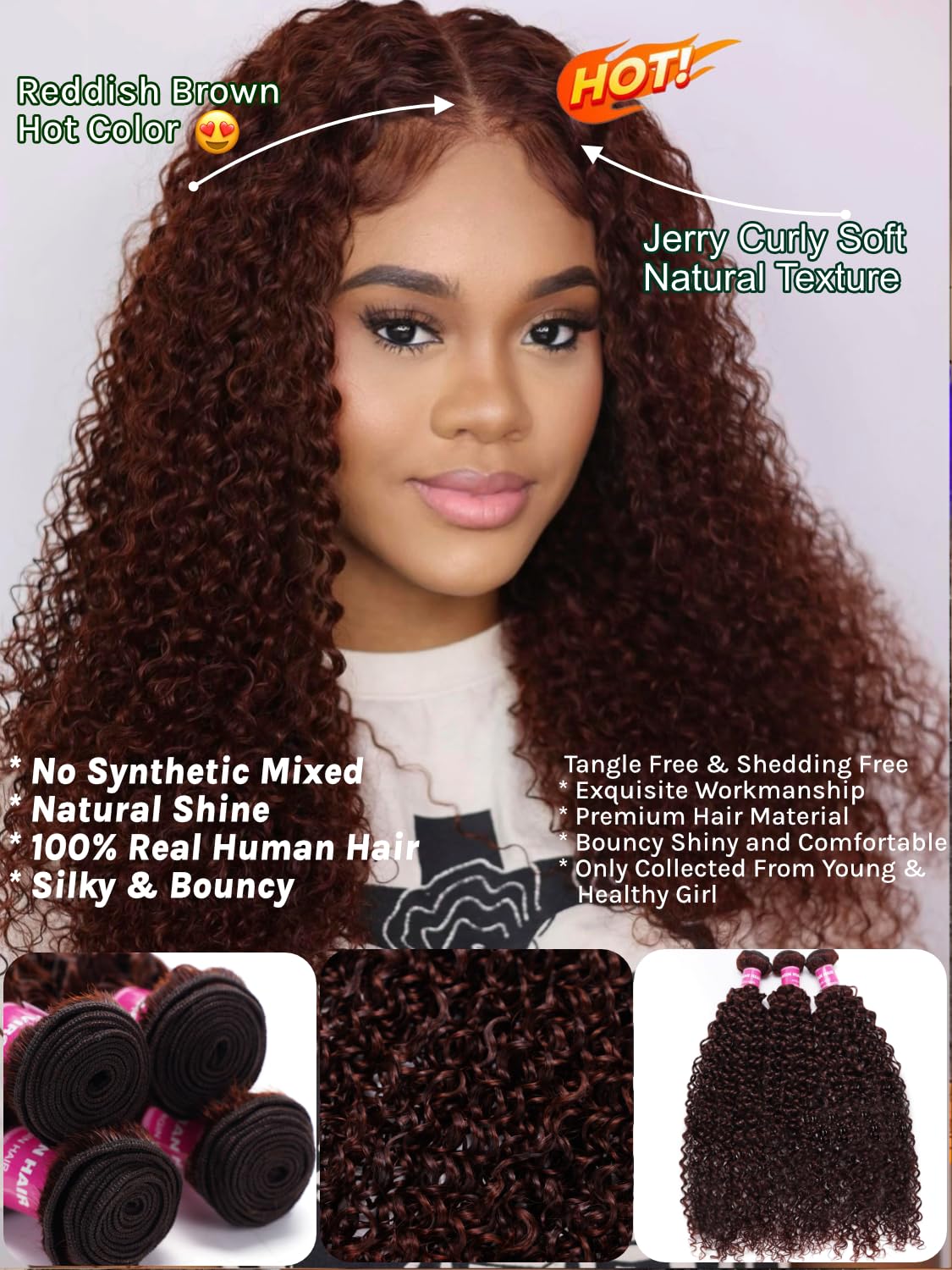 KLAIYI 10A Reddish Brown Curly 3 Bundles Brazilian Virgin Human Hair Weave 10 12 14 Inch - 100% Unprocessed Remy Hair Extensions for Sew in, Auburn Brown Copper Red 33B Color - Perfect for Daily Styling, Parties & Special Occasions