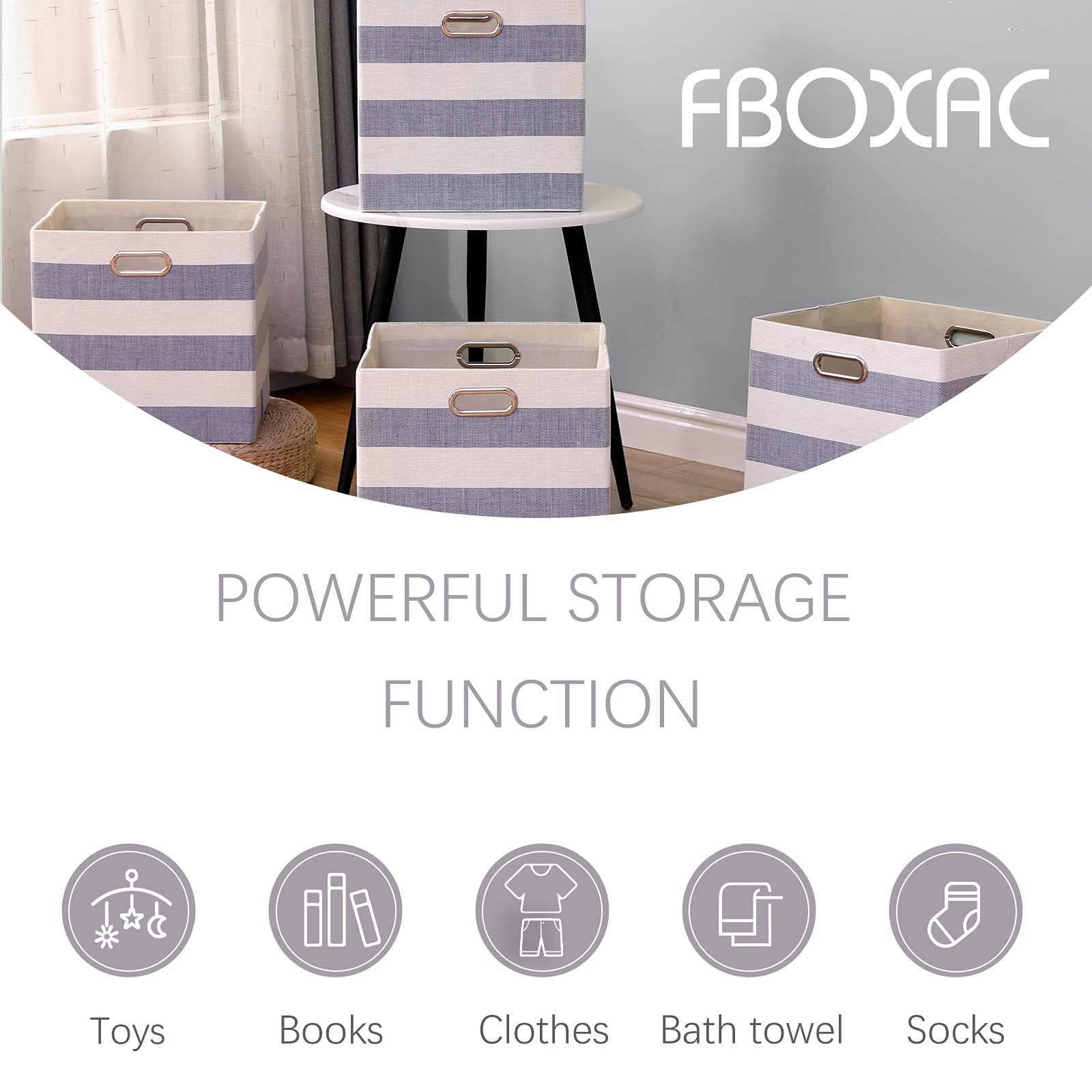 Foldable Fabric Cube Storage Bins 13x13 Inches with Handles - Set of 4 Collapsible Organization Baskets for Closet, Shelf, Cabinet & Bookcase - Large Capacity Drawer Organizers for Bedroom, Office & Kids Room - Grey-White Stripes (Perfect for Toy Storage, Laundry Sorting & Home Organization)