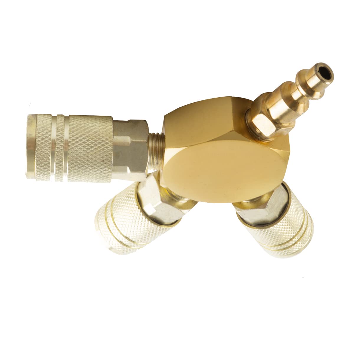 3-Way Air Splitter - 1/4 Inch NPT Hex Style Air Manifold with 3 Brass Industrial Couplers & Plugs - Air Compressor Hose Fittings - Perfect for Pneumatic Tools, Tire Inflation & Workshop Air Systems