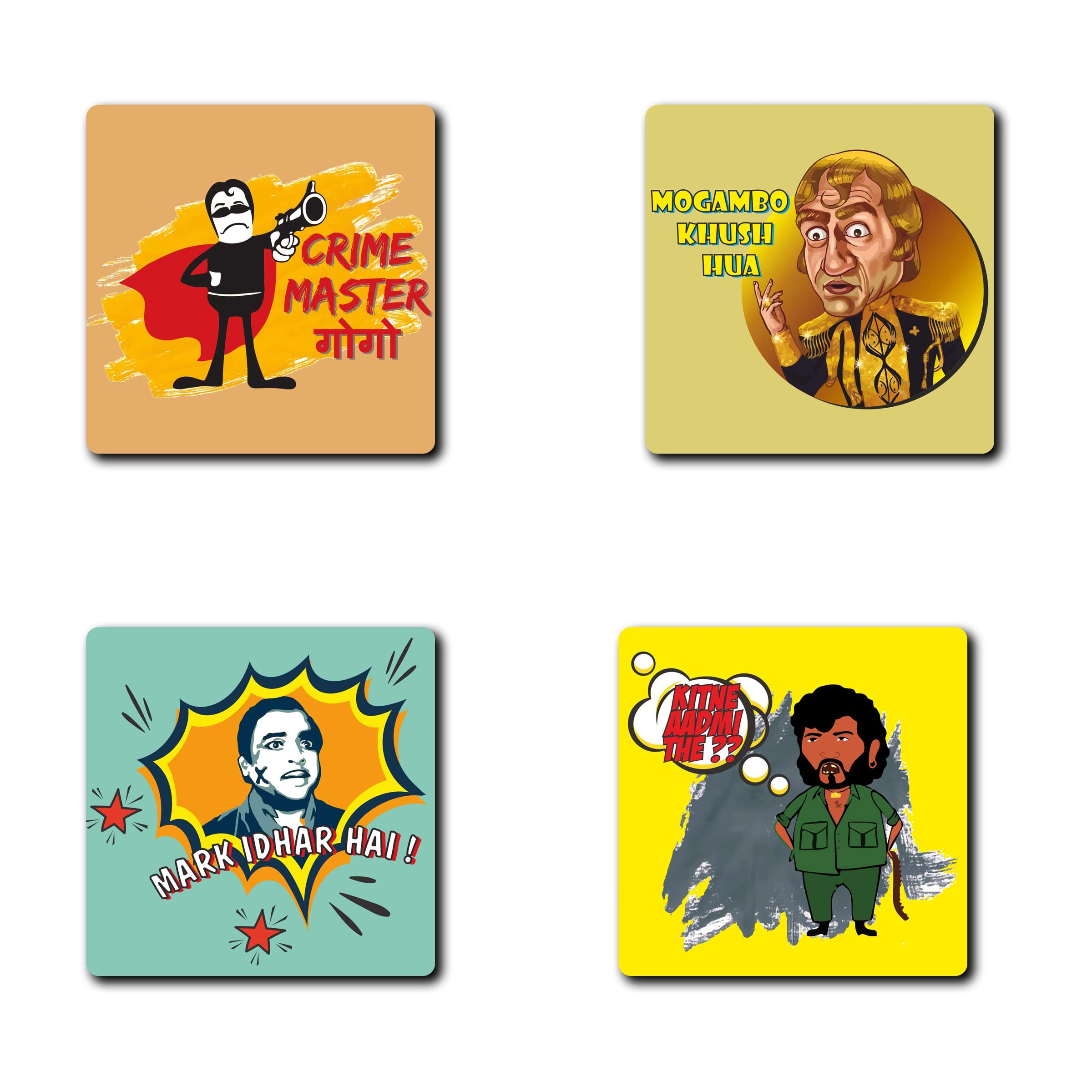 Bollywood Themed Funny Character Coasters Set of 4 - 3.5x3.5 Inch Square MDF Drink Coasters for Dining Table, Home Decor, Office Desk | Unique Gift Idea for Housewarming, Birthday & Indian Culture Lovers