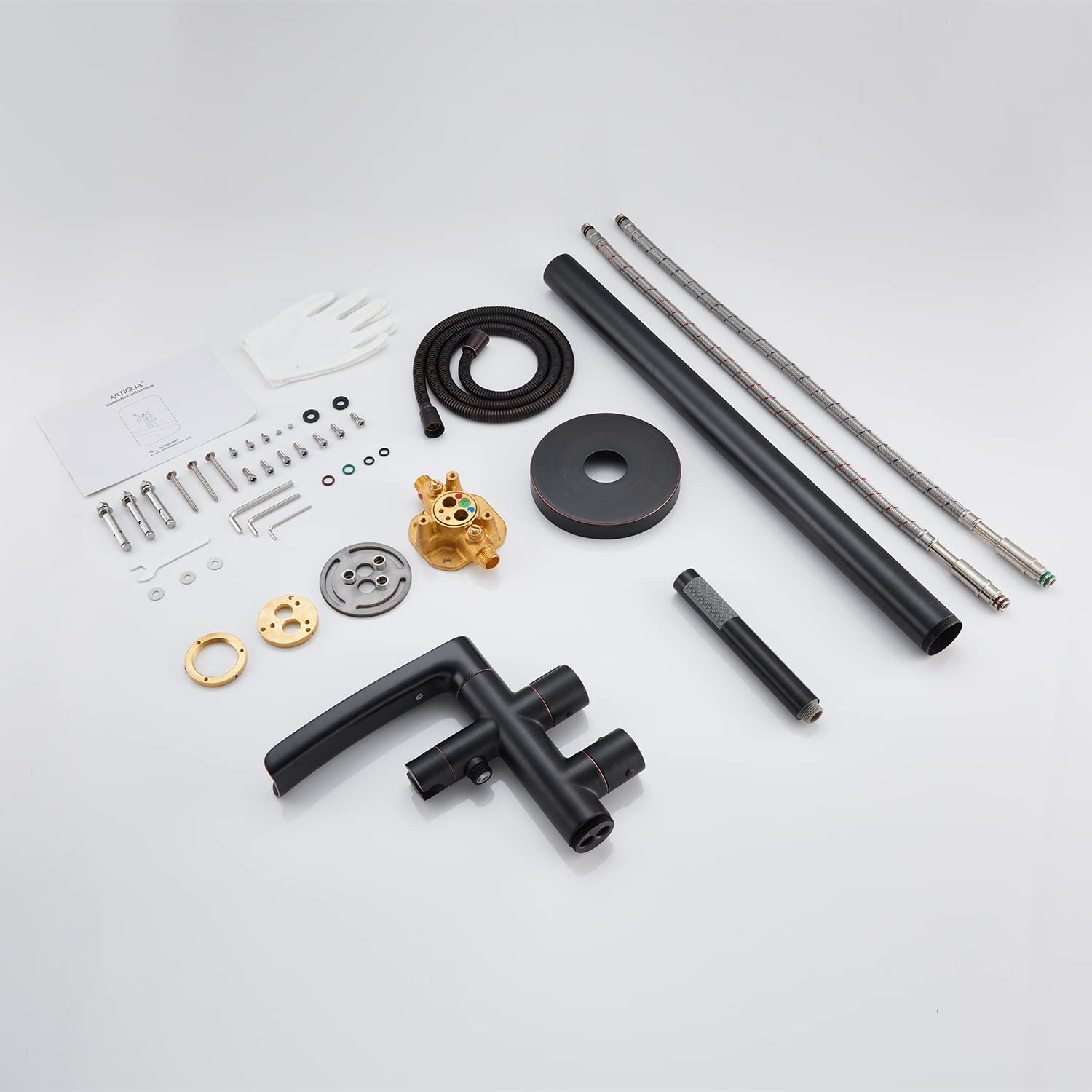 Thermostatic Freestanding Bathtub Faucet - Oil Rubbed Bronze Waterfall Tub Filler with Hand Shower & Rough-in Valve | Floor Mount Brass Bathroom Faucet for Luxury Spa & Master Bathroom Renovation