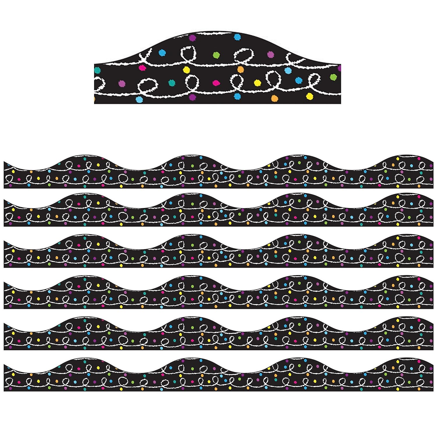 Ashley Productions Magnetic Scallop Border - 12 Feet White Chalk Loops with Color Chalk Dots on Black - 6 Pack for Classroom Bulletin Boards, Whiteboards & School Decorations