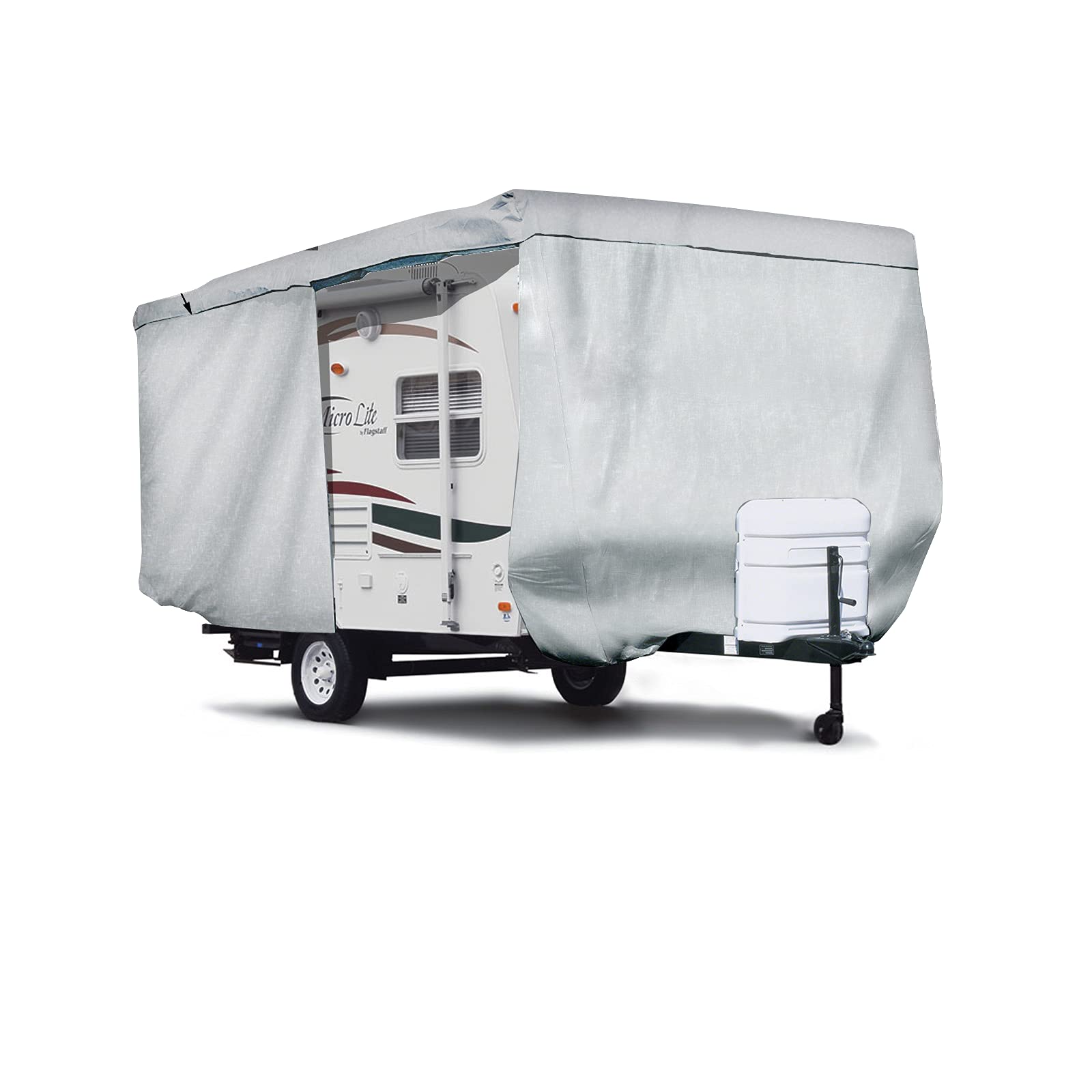 SavvyCraft ShieldAll Heavy Duty RV Trailer Cover - Waterproof Camper Cover with Access Panels for 9-10 ft Travel Trailers | All-Weather Protection for Outdoor Storage & Camping Trips