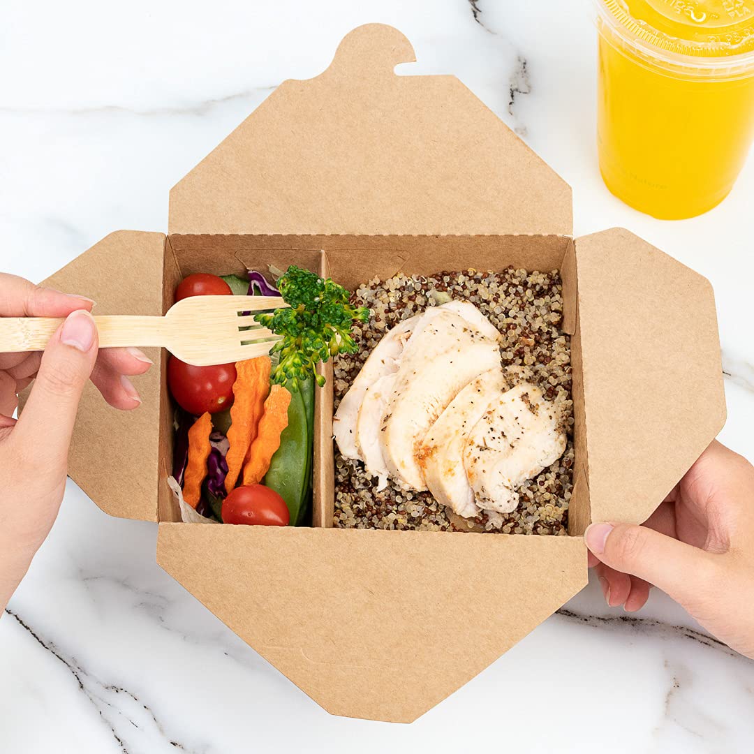 Eco-Friendly 47oz Kraft Paper Takeout Containers - 200 Pack 2-Compartment Greaseproof Food Boxes with Secure Tab-Lock | Ideal for Restaurants, Catering & Meal Prep | Safe for Hot/Cold Foods, Perfect for Takeout, Delivery & Leftovers