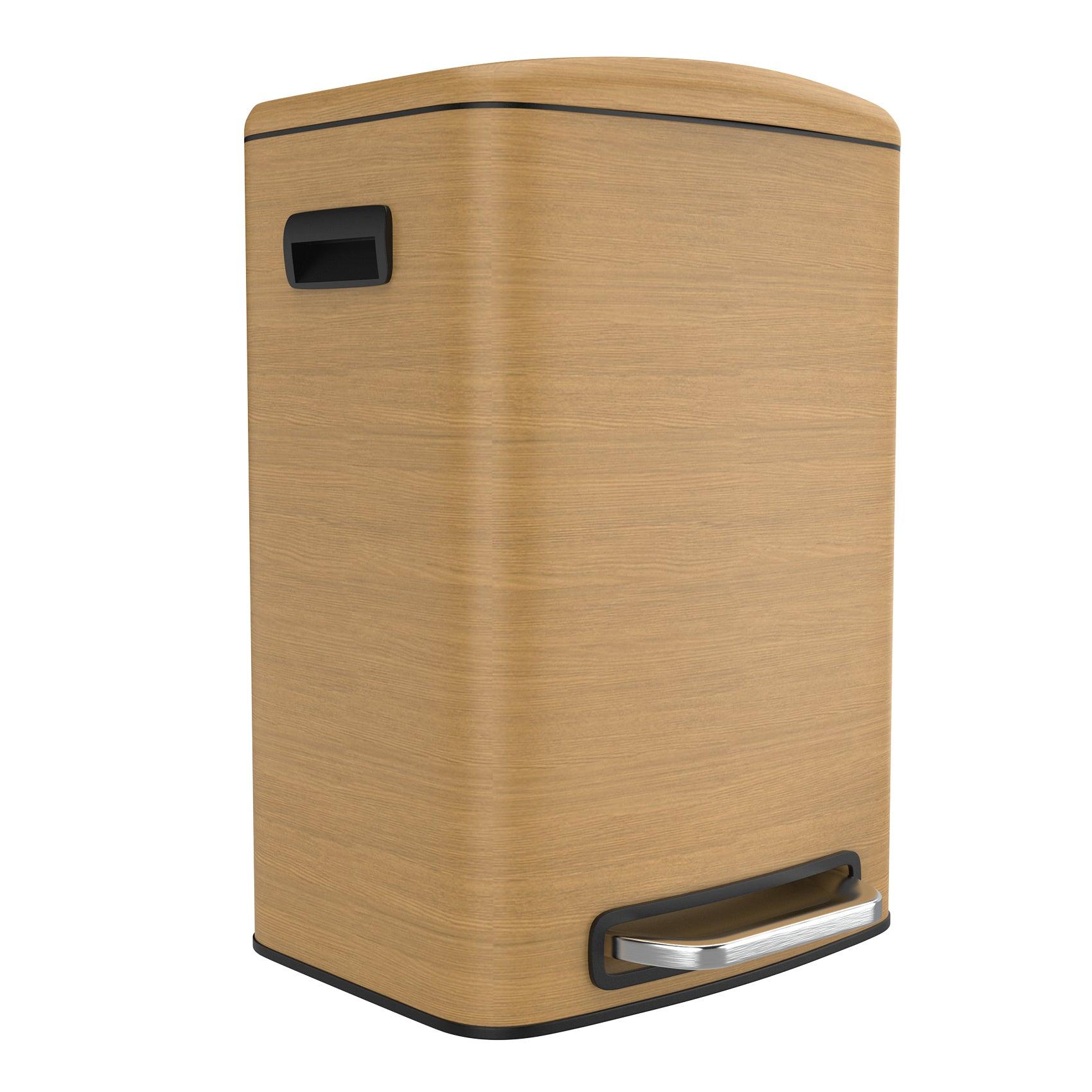 13 Gallon 50L Stainless Steel Rectangular Trash Can with Foot Pedal - Soft Close Lid, Wood Texture Design - Includes 30 Garbage Bags - Perfect for Kitchen, Office, or Bathroom Waste Disposal