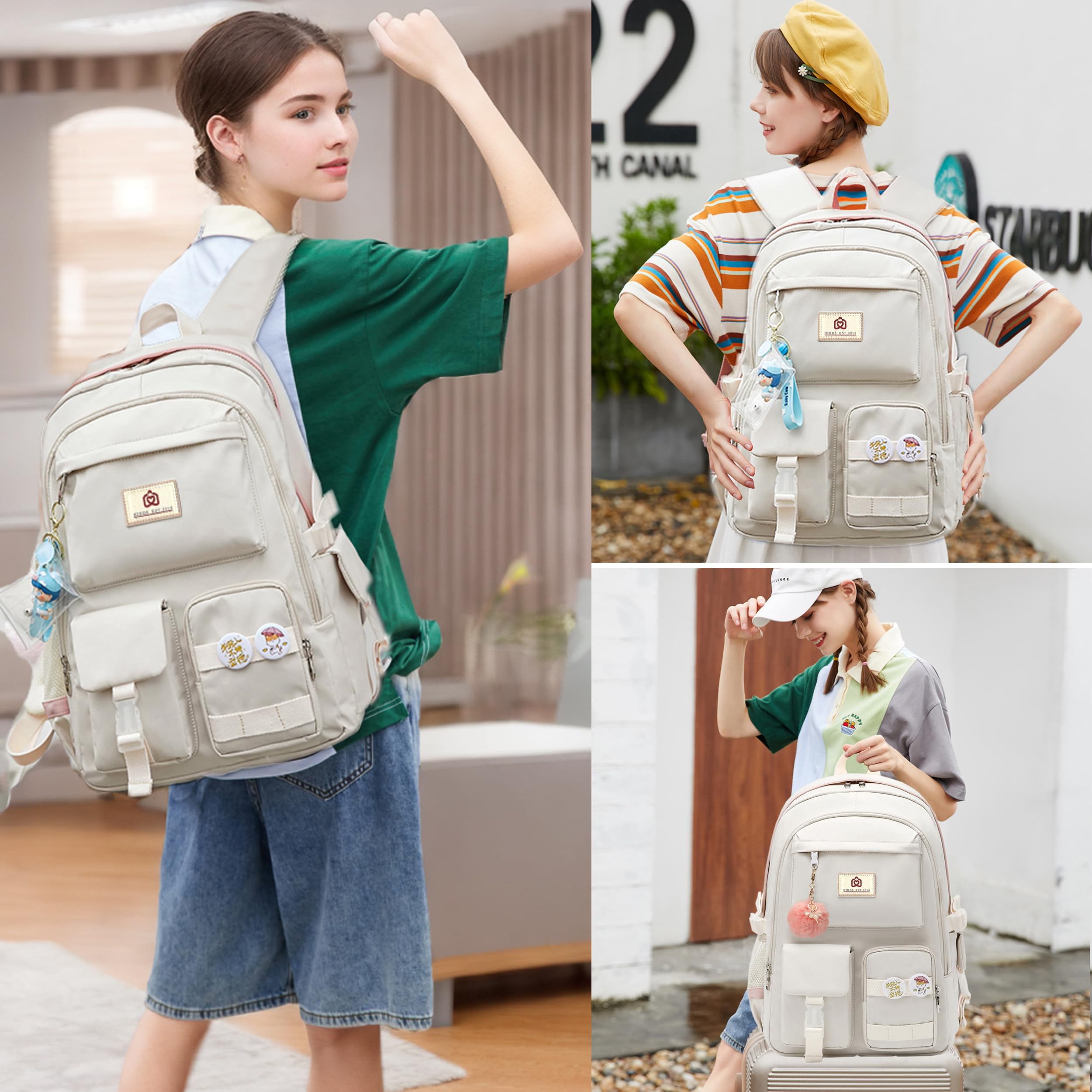 Stylish Anti-Theft Laptop Backpack for Women & Girls - 15.6 Inch Cute College Bookbag with USB Charging Port, Durable School Backpack for Teens, Elementary Students - Perfect for School, Travel & Daily Use (Beige)