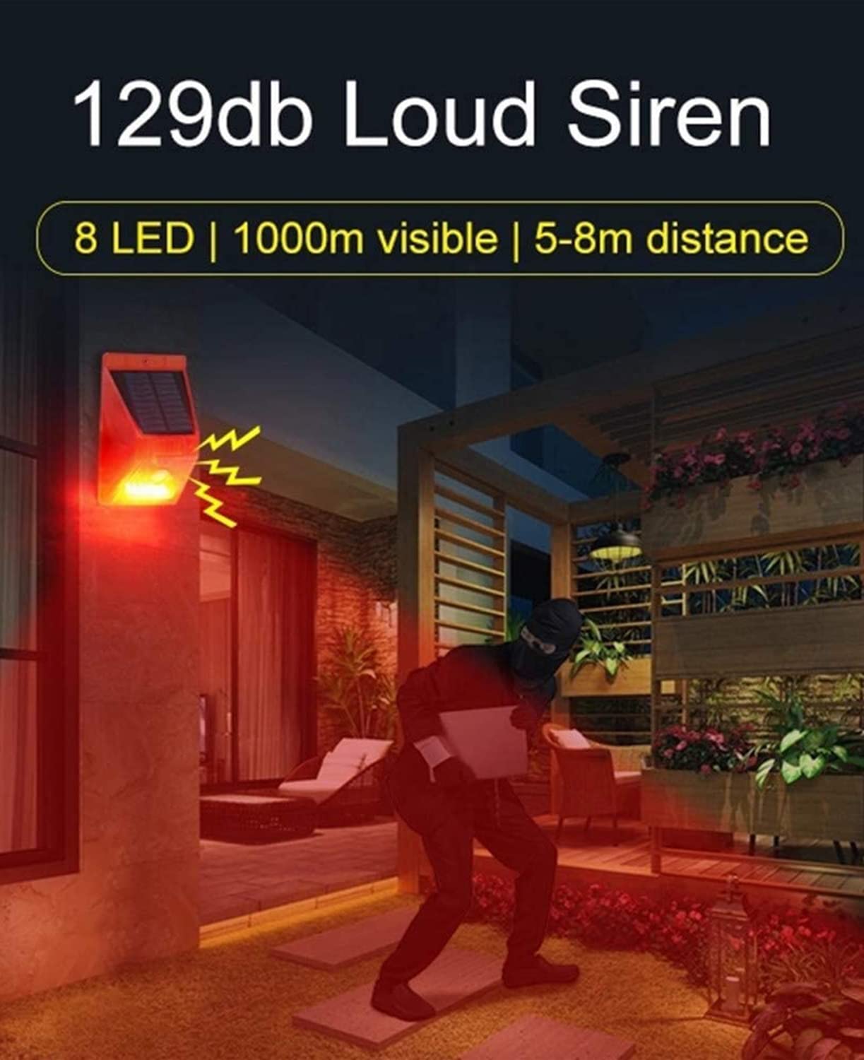 Solar Alarm Strobe Light with Remote Control & Motion Sensor - 129dB Loud Security Siren, IP65 Waterproof for Outdoor Use - Perfect for Villa, Chicken Coop, Barn, Farm, Yard Protection & Home Security