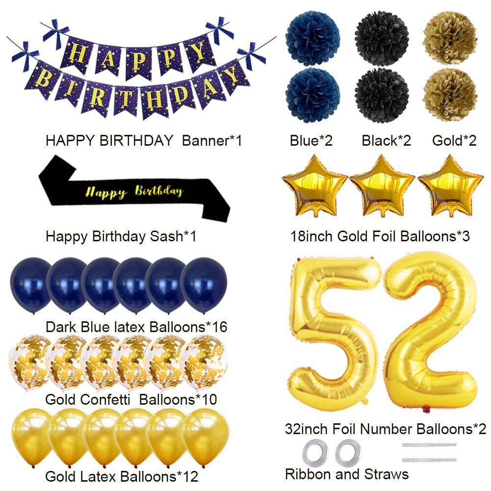 52nd Birthday Party Decorations Set - Gold Happy Birthday Banner, Number 52 Balloons, Sash & Confetti - Perfect for 52 Year Old Celebration Supplies (Dark Blue) - Ideal for Milestone Birthday Parties, Anniversary Celebrations & Surprise Decorations