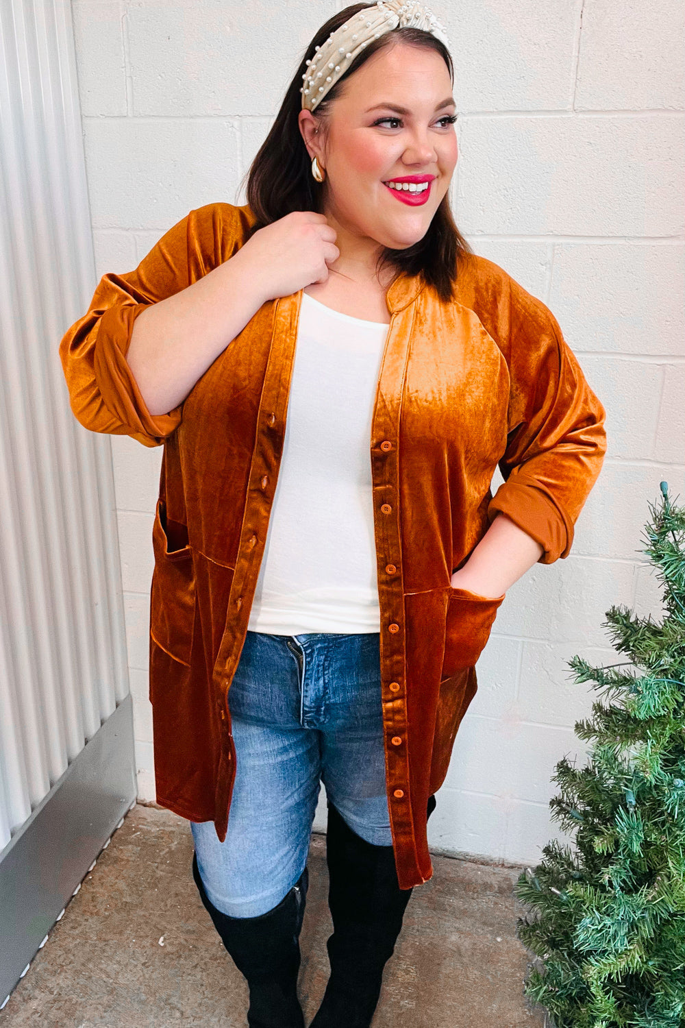 Stylish Rust Velvet Button Down Tunic Top for Women - Elegant Fall & Winter Blouse for Office, Party & Date Nights