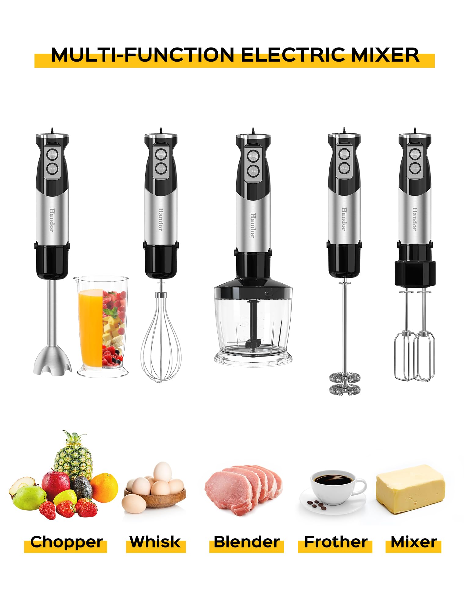 Handor 6-in-1 Immersion Blender Set - 1000W Powerful Handheld Blender with 12 Speed Settings, 600ml Mixing Cup, 500ml Food Chopper, Egg Whisk & Milk Frother - Stainless Steel Blades for Soup, Smoothie, Baby Food - Perfect for Kitchen, Cooking & Meal Prep