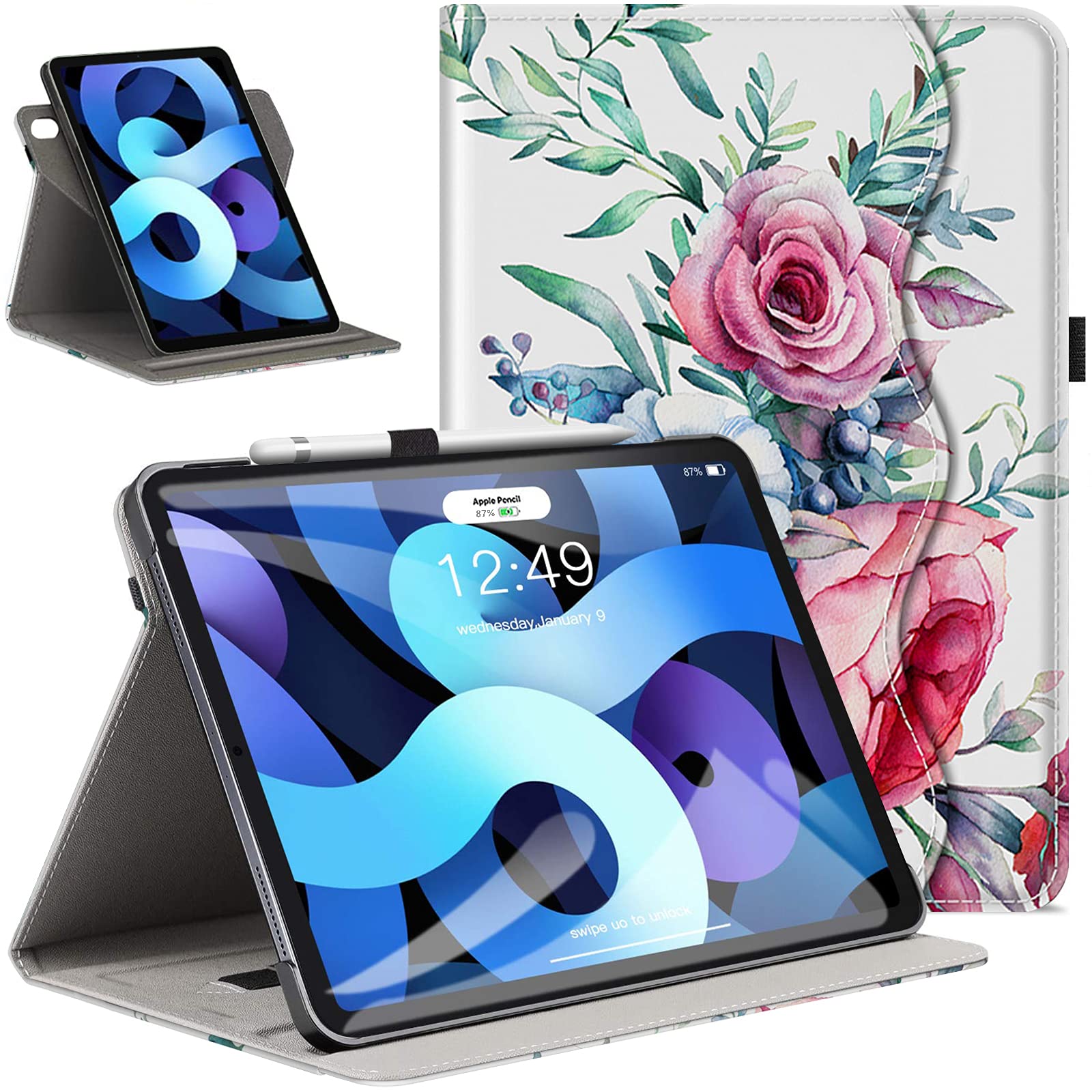 VORI 360 Rotating Folio Stand Case for iPad Air 5th/4th Generation (2022/2020) 10.9 Inch - Multi-Angle Viewing, Auto Sleep/Wake, Built-in Pocket - Peony Pink - Perfect for Work, Study & Travel