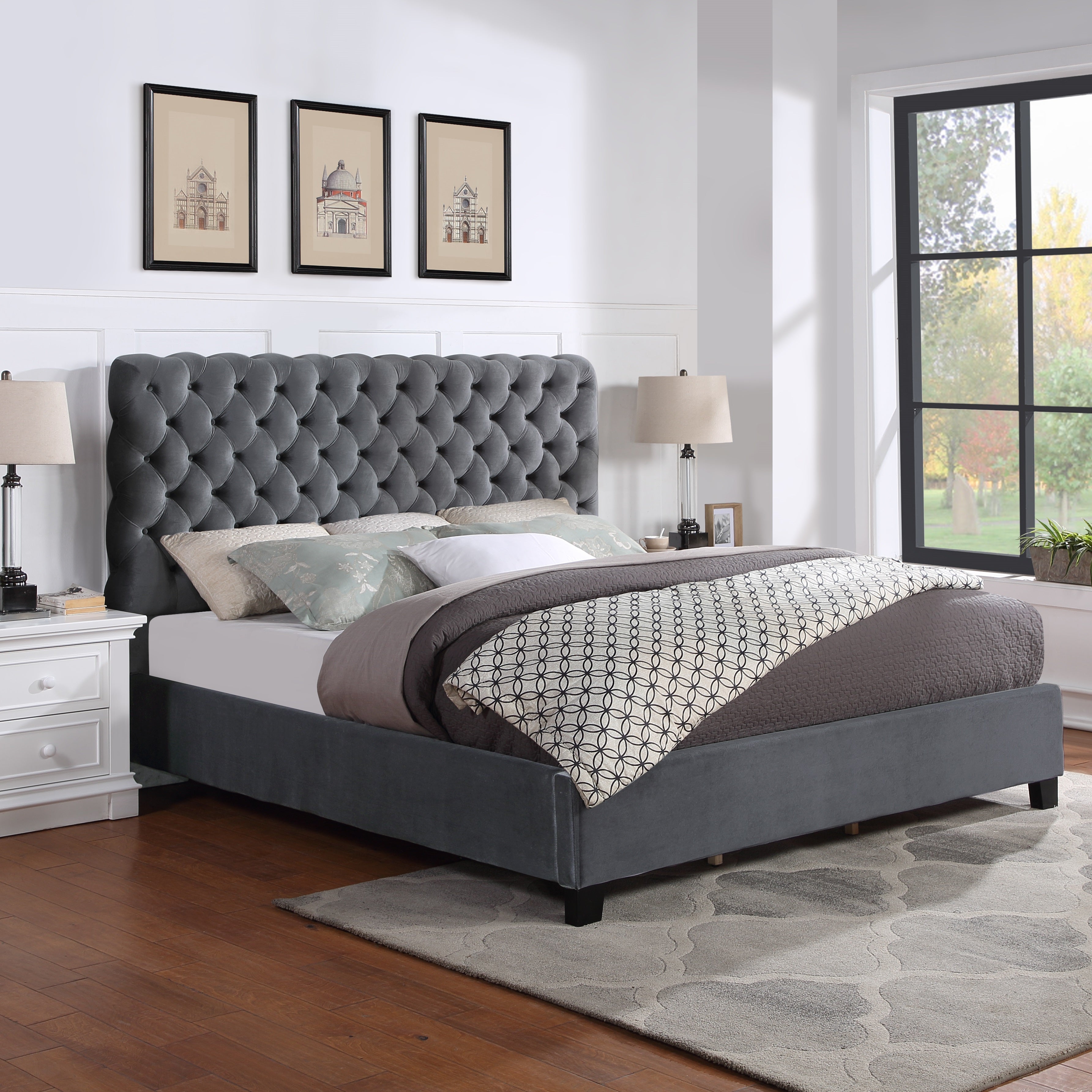 Roundhill Furniture Apoera Velvet Upholstered Button Tufted Queen Bed Frame - Soft Gray Luxe Bedroom Furniture for Master Suite & Guest Room