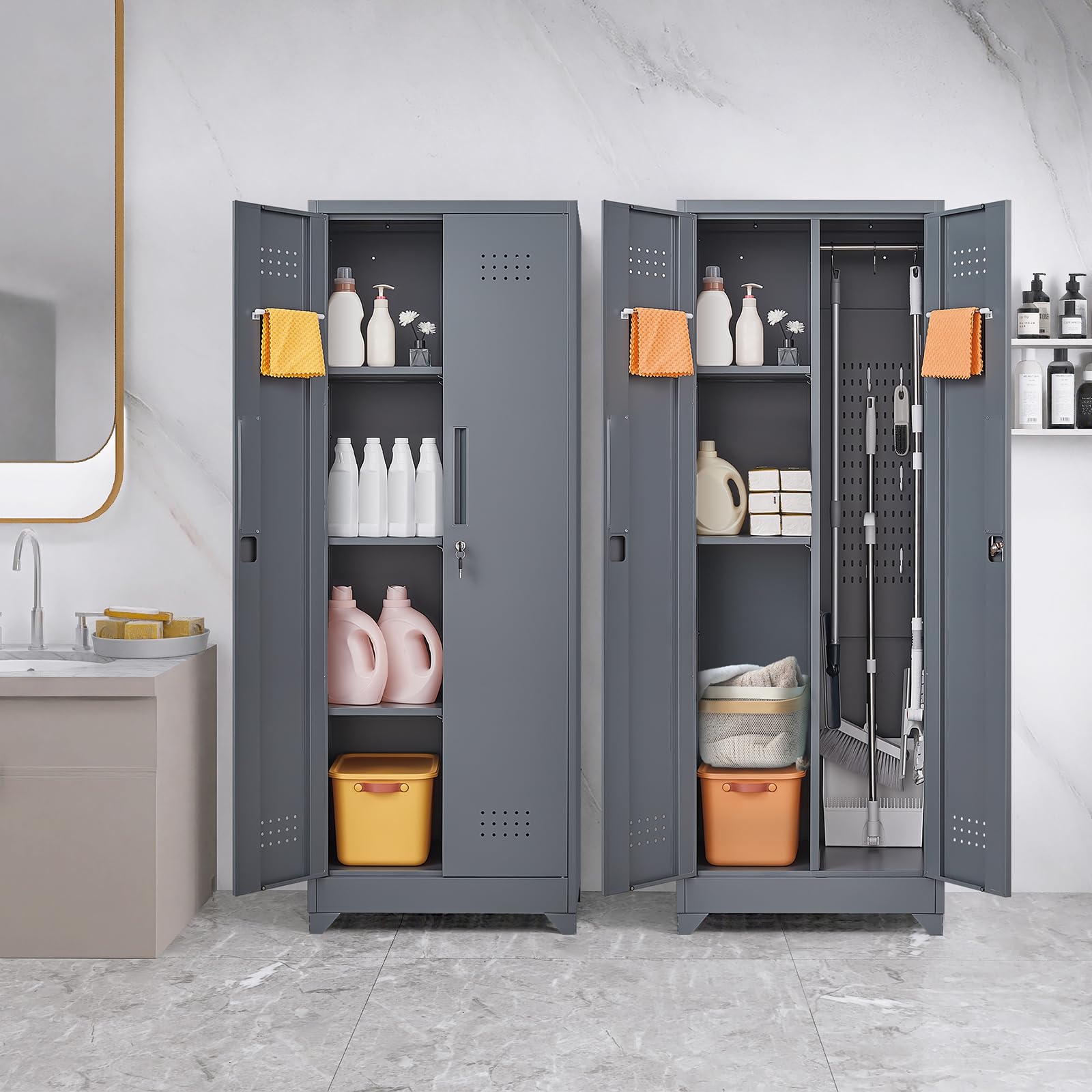 GREATMEET 65 Inch Broom Storage Cabinet with Hanging Rod - Metal Cleaning Supply Organizer for Garage, Utility Room & Laundry - Space Saving Grey Mop Holder for Brooms, Dustpans & Cleaning Tools