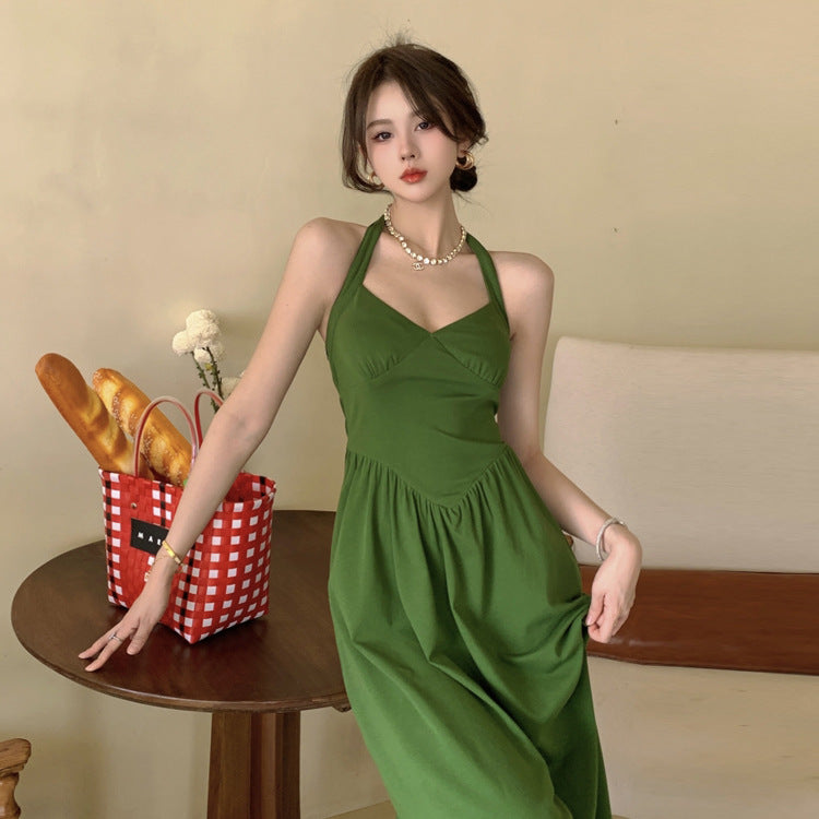 Elegant Green Hanging Neck Suspender Dress for Women - French Retro Summer Dress 2023 - Perfect for Garden Parties, Date Nights & Vacation Outfits