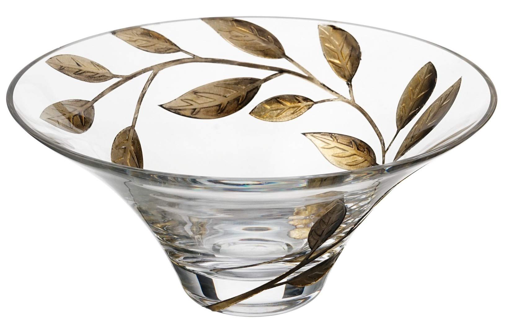 Hand-Painted Etched Glass Fruit Bowl - 10.2 Inch (26cm) Decorative Serving Bowl for Salads, Fruits & Desserts - Mouth-Blown Artisan Glass with Gold Leaf Design - Perfect for Dining Table Centerpiece & Party Decor