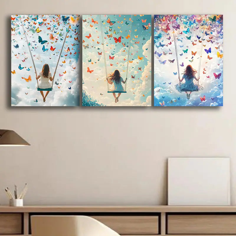 3-Piece 'A Girl on a Swing' Metal Wall Art Prints - Ready to Hang Modern Home Decor for Living Room, Bedroom & Office