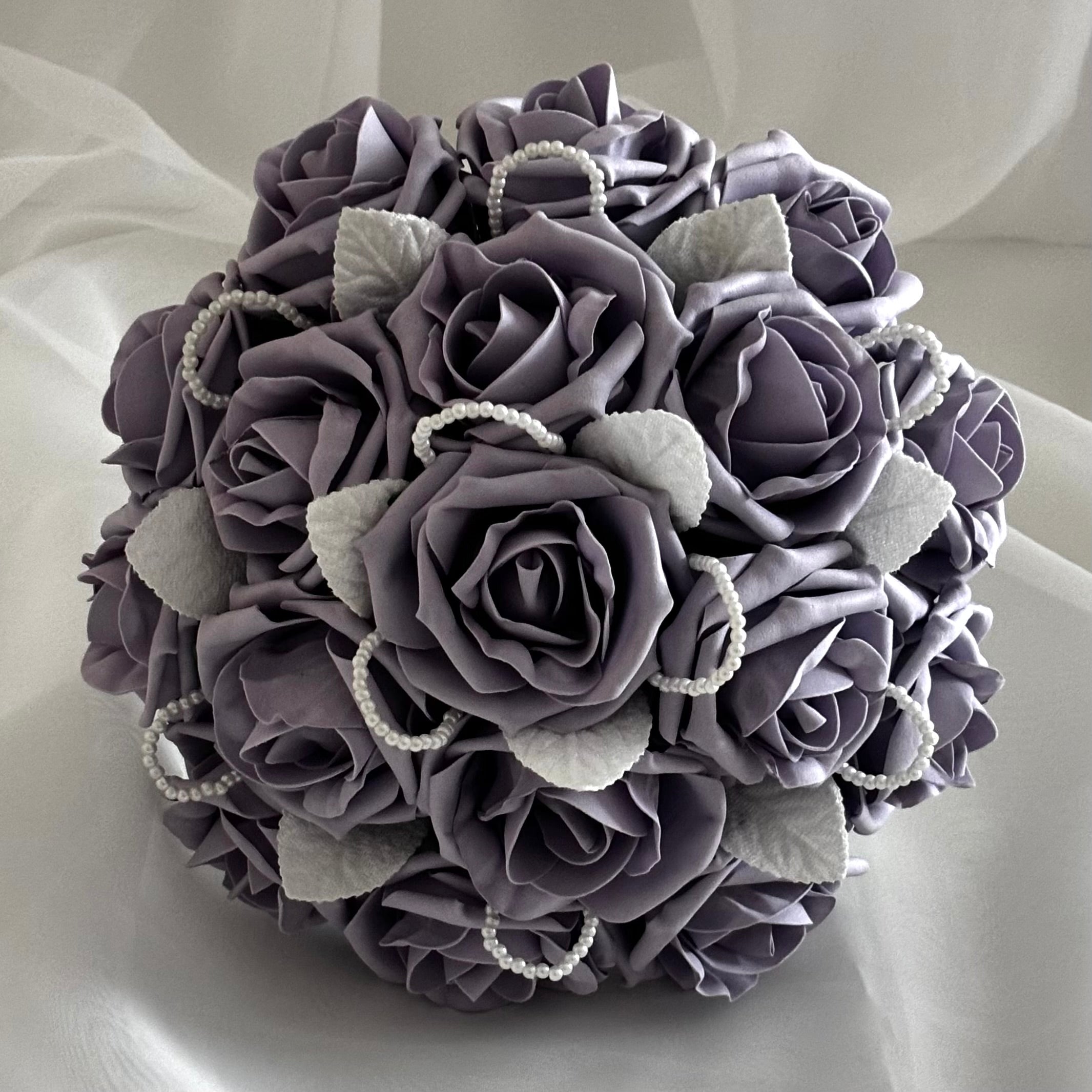 Lavender Rose and Pearl Artificial Wedding Bouquet - Realistic Bridal Flowers for Weddings, Bridal Showers, Home Decor, and Special Events - FL43