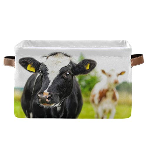 MNSRUU Collapsible Storage Basket with PU Handles - Waterproof Organizer for Nursery, Laundry, Toys & Clothes - Portable Foldable Bin for Home, Office & Travel (1 Pack, Two Curious Cows Design)