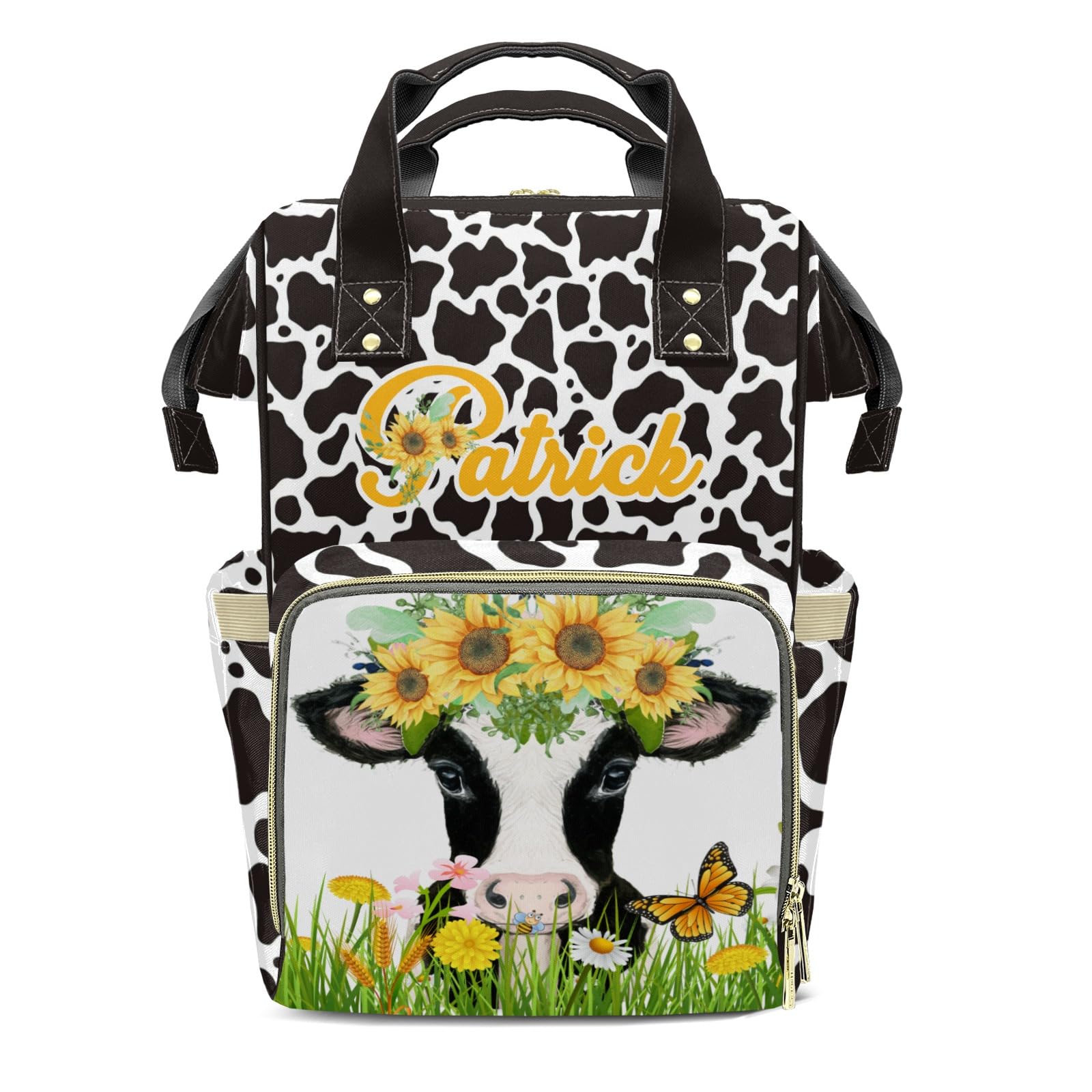 Sunflower Cow Print Diaper Bag - Brown Tote Backpack with Custom Name Tag | Nursing Baby Bag for Moms & Dads | Perfect for Hospital Visits, Daycare & Family Outings