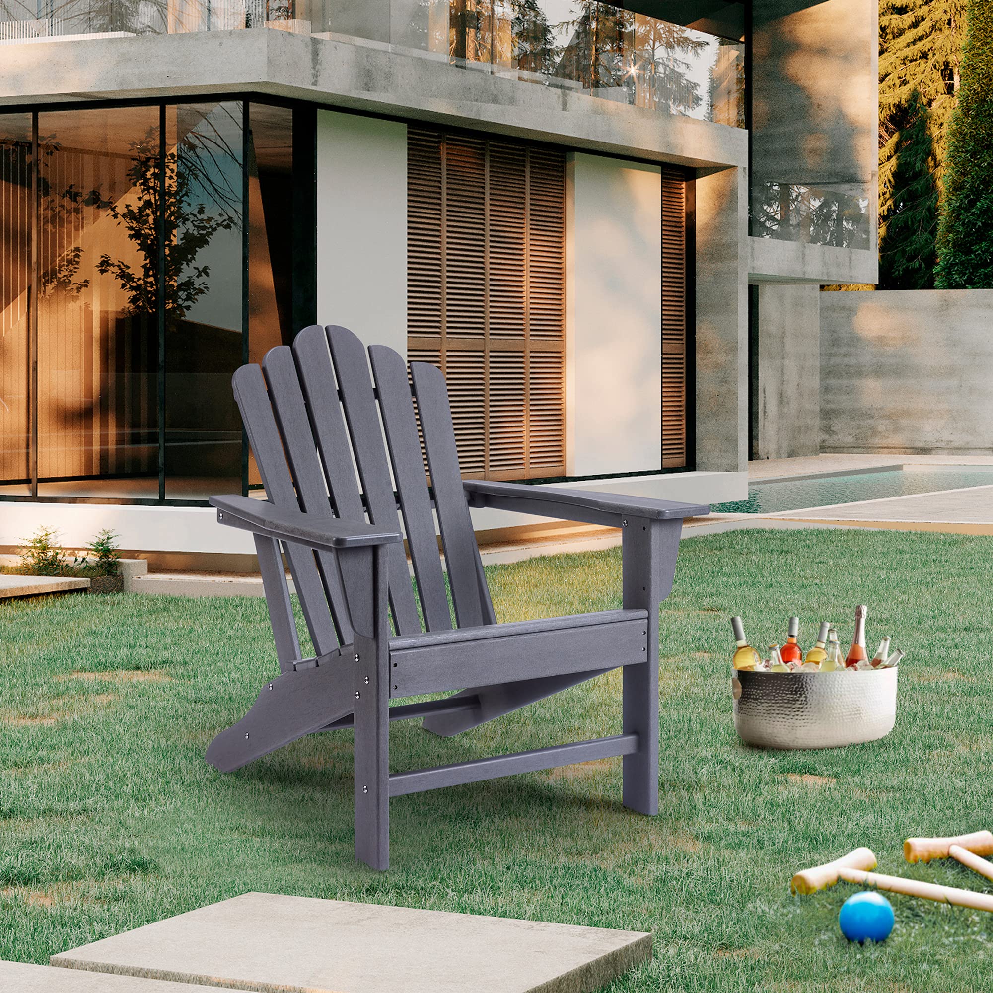 Premium Weather-Resistant Adirondack Chair - Heavy-Duty Outdoor Patio Furniture for Yard, Deck, Garden & Backyard - Comfortable Grey Lawn Seating for Relaxing, Lounging & Sunbathing (Set of 1)