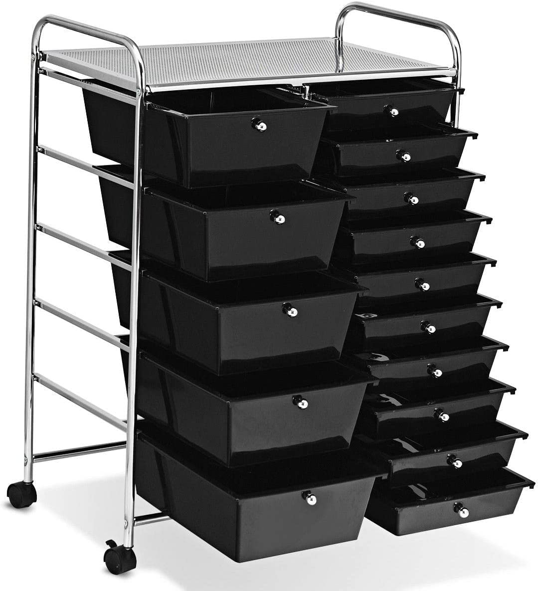 15-Drawer Rolling Storage Cart with Lockable Wheels - Mobile Utility Organizer for Home, Office & School - Perfect for Craft Rooms, Garages & Classrooms - Black