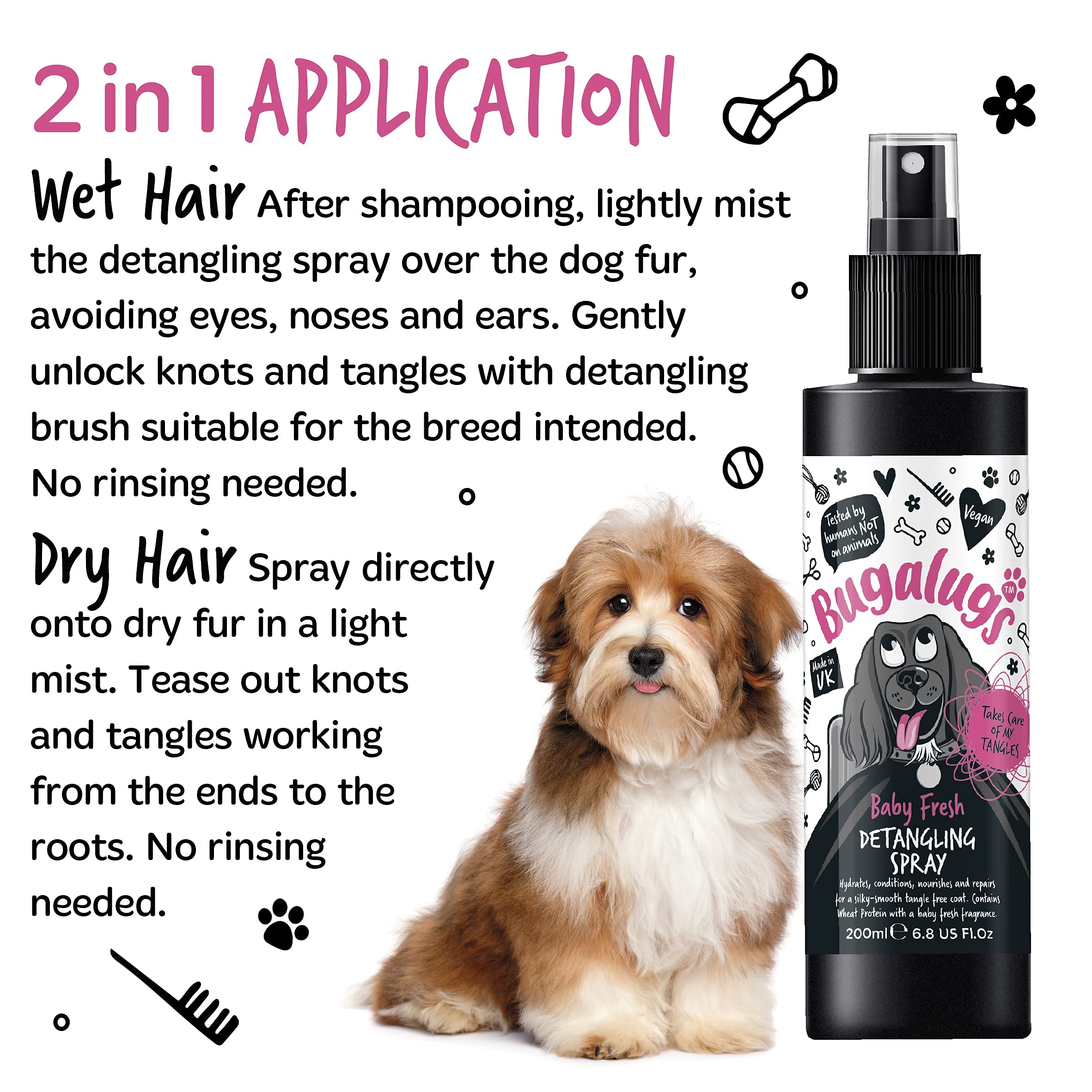 BUGALUGS Baby Fresh Dog Detangler Spray - 200ml Professional Dog Grooming Spray with Baby Powder Scent | Tangle-Free Hair Conditioner for Puppies & Dogs | Perfect for Daily Grooming, Show Prep & Post-Bath Care