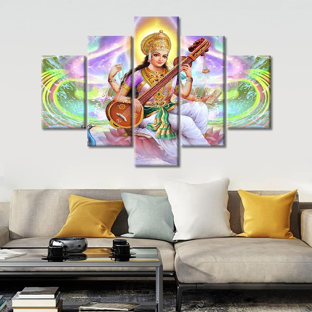 TUMOVO 5-Piece Hindu Goddess Saraswati Canvas Wall Art Set - Framed Modern Indian Home Decor for Living Room & Bedroom - Ready to Hang (60