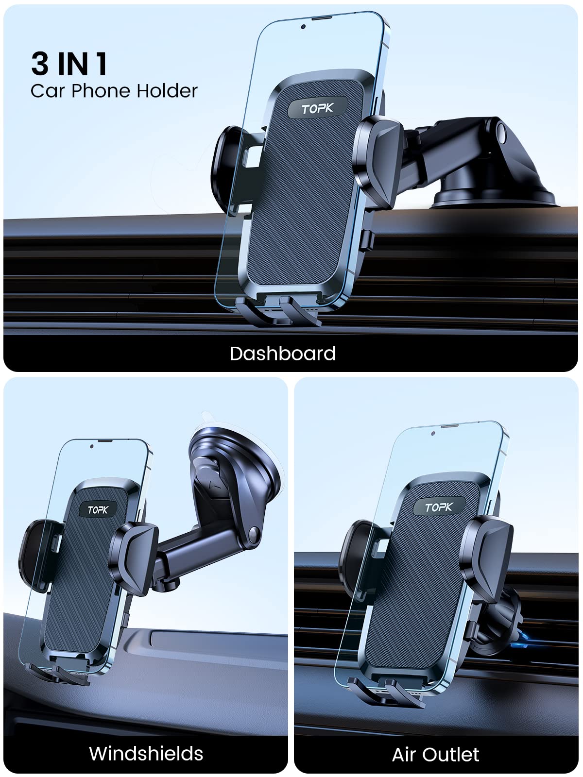 TOPK 2023 Military-Grade 4-in-1 Car Phone Holder - Super Stable Dashboard/Windscreen/Air Vent Mount with Strong Suction & Hook, Universal Fit for All Smartphones - Perfect for Road Trips, Commuting & GPS Navigation
