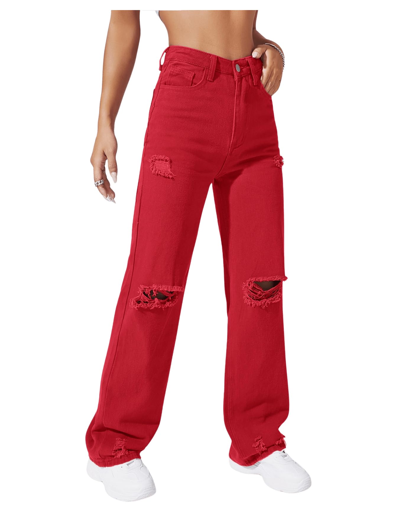SweatyRocks Women's Distressed Ripped Denim Jeans - Loose Fit Wide Leg Casual Pants for Streetwear & Everyday Comfort | Perfect for Outfits, Shopping & Relaxing