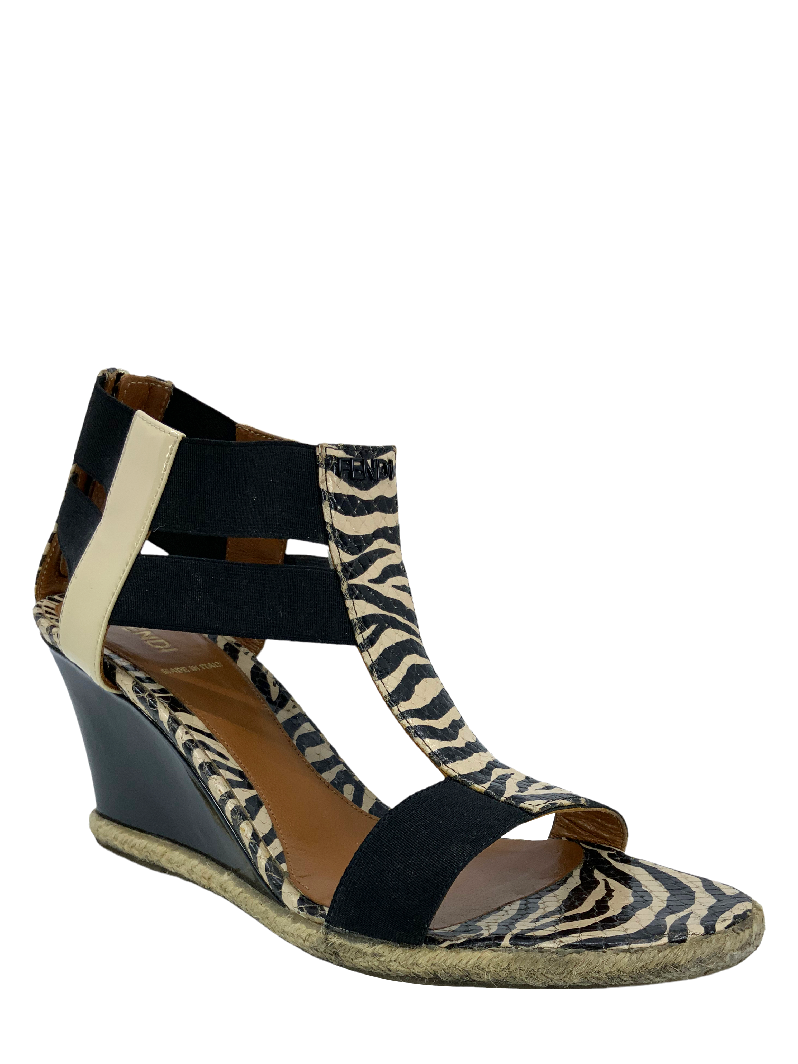 FENDI Carioca Zebra Print Wedge Sandals Women's Size 8 | Luxury Designer High Heels for Parties, Weddings & Night Out