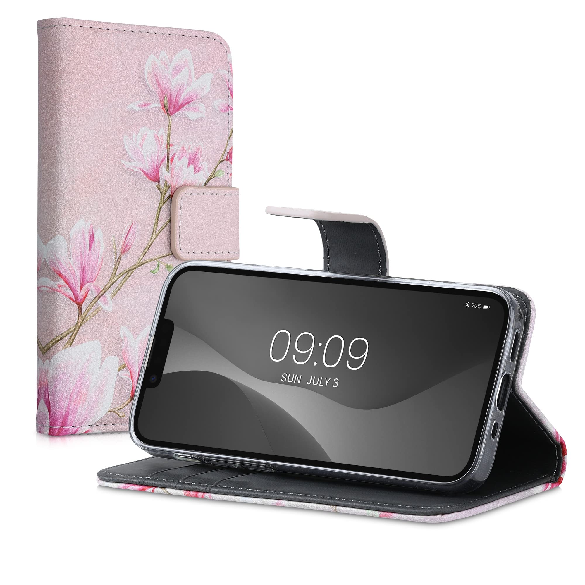 kwmobile Wallet Case for Apple iPhone 13 Mini - Slim Floral Design with Card Slots (Magnolias Pink/White/Dusty Pink) | Perfect for Hands-Free Shopping & Daily Commute