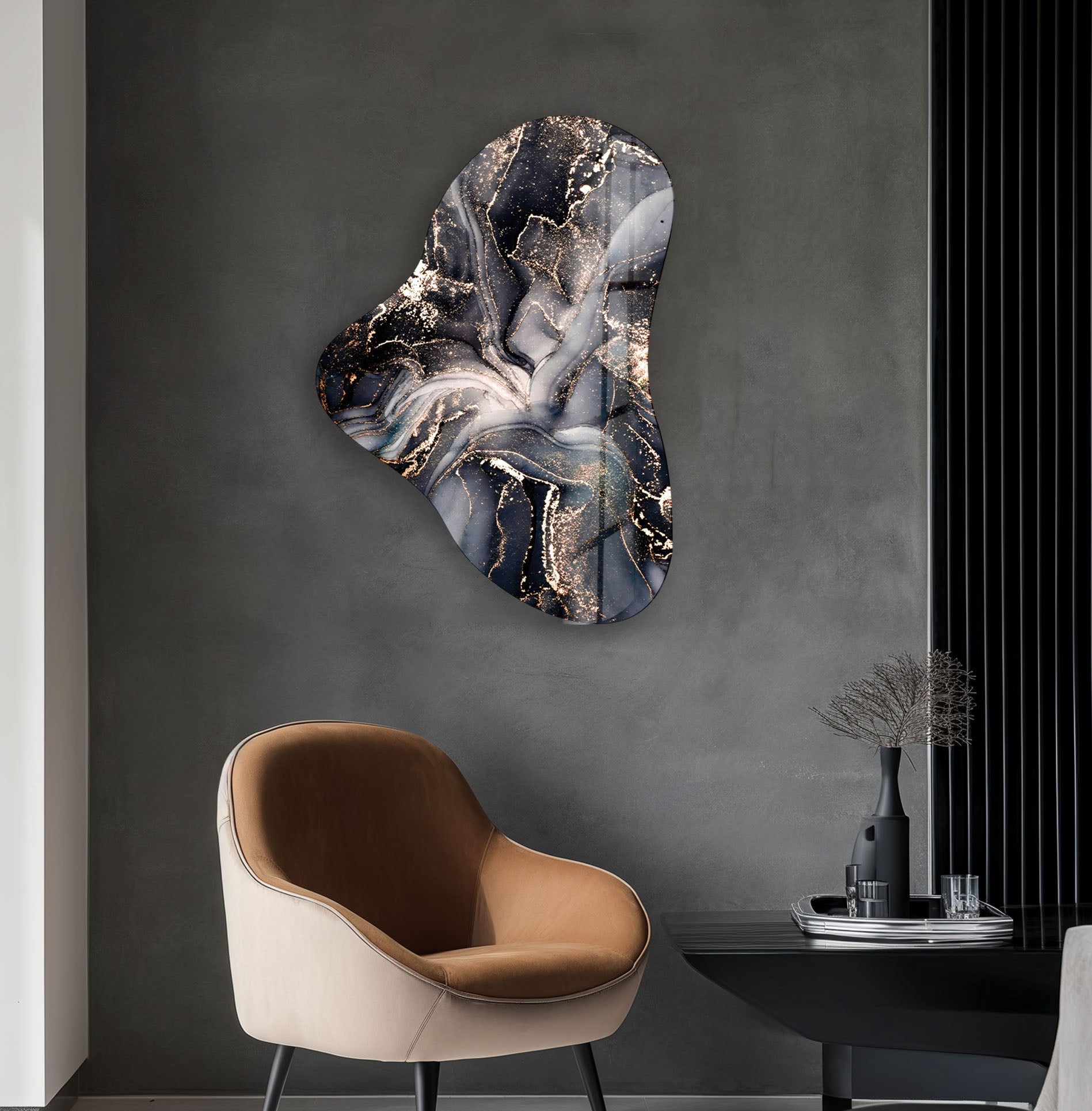 Black Alcohol Ink Asymmetrical Glass Wall Art - Modern Abstract Home Decor for Living Room, Bedroom & Office - Handmade Contemporary Artwork for Interior Design