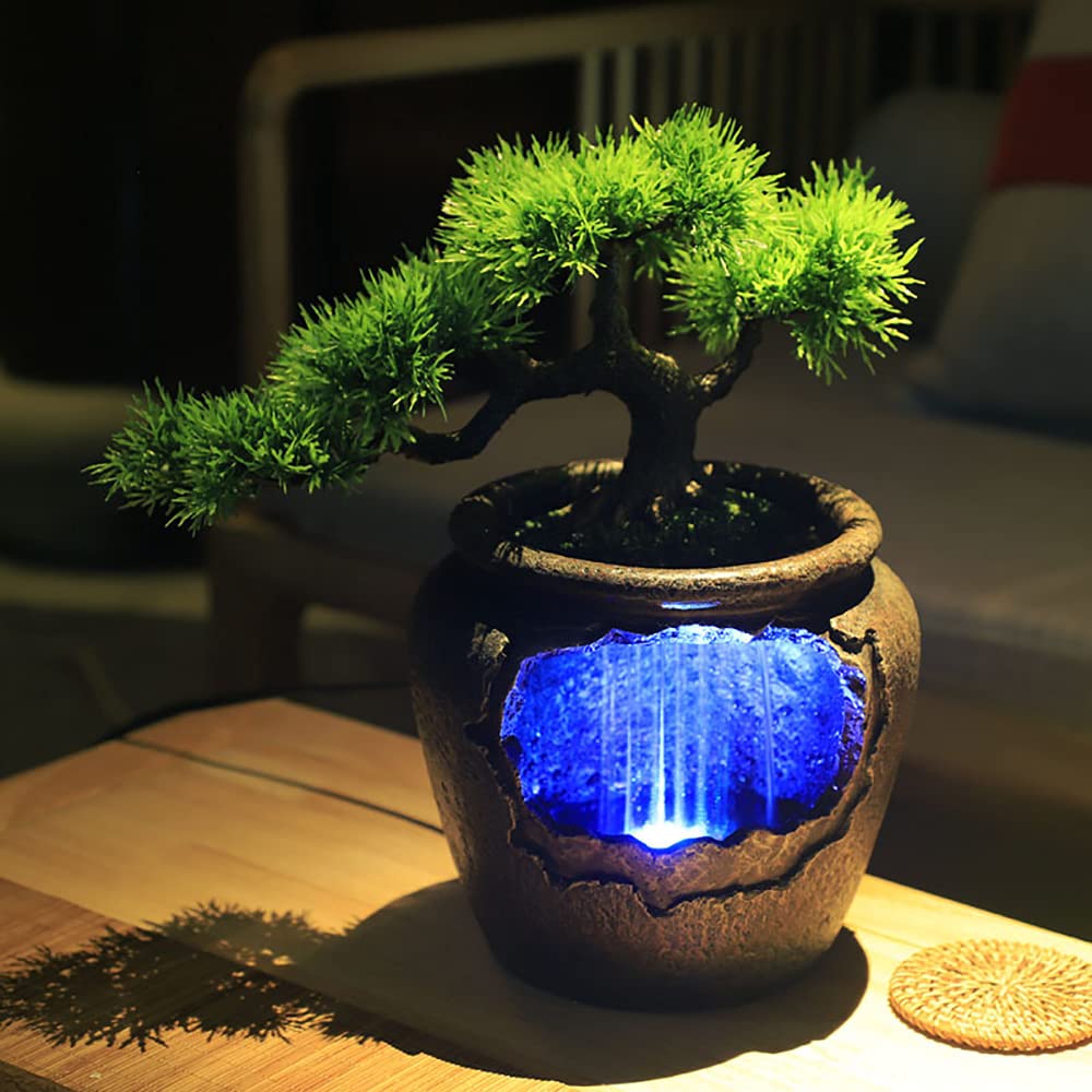 110V Indoor Rockery Water Fountain with LED Lights - Desktop Zen Waterfall Feature, Lifelike Mini Bonsai Decor for Home, Office & Meditation Spaces | Perfect for Living Rooms, Bedrooms & Workspaces to Create Soothing Ambiance