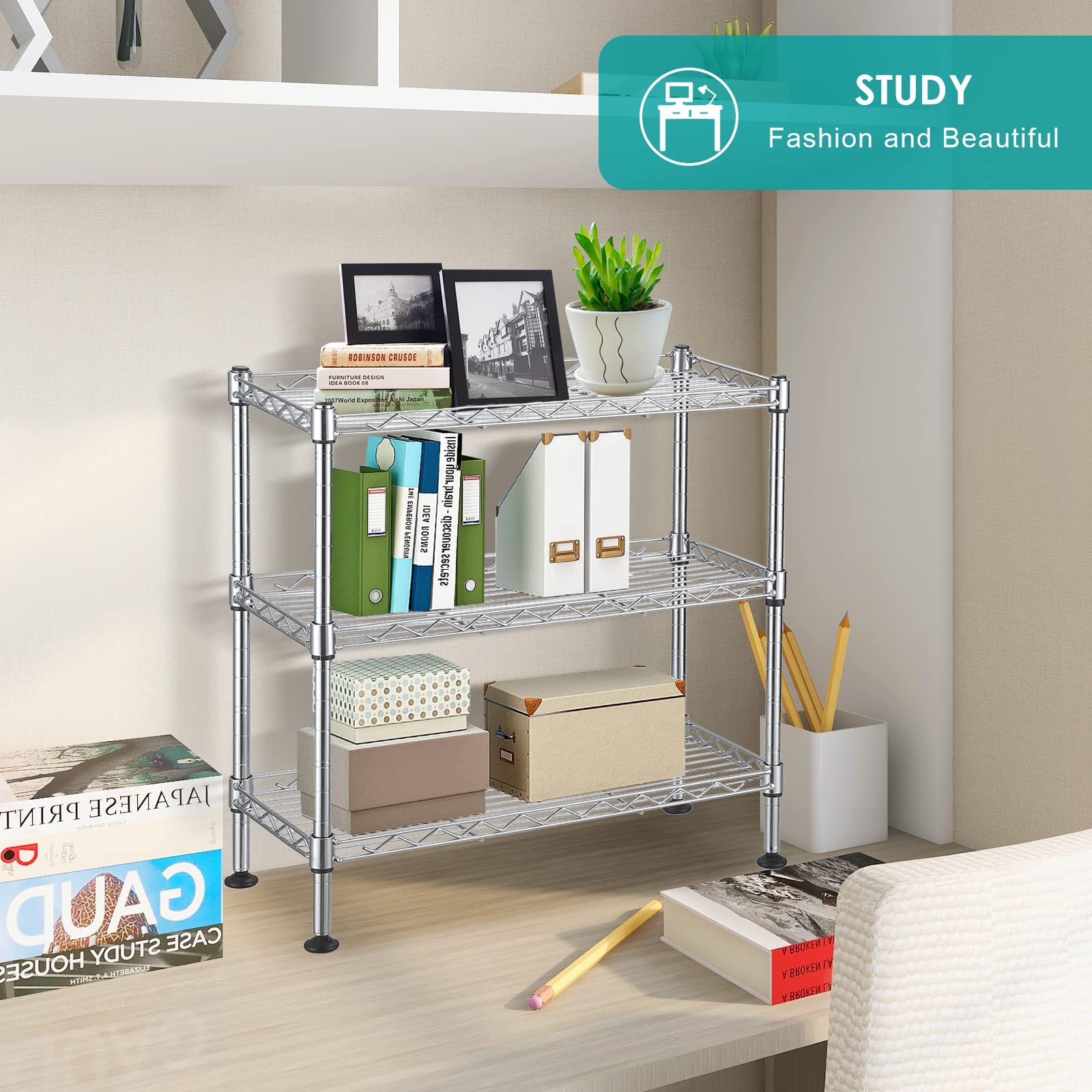3-Tier Adjustable Metal Wire Shelf - Heavy Duty 200Lbs Capacity Storage Rack with Leveling Feet (8