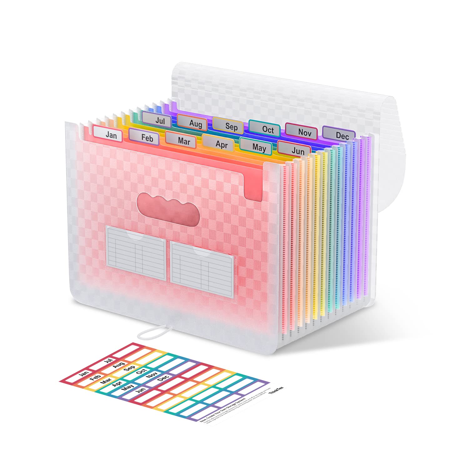 ThinkTex 12-Pocket Expanding File Organizer - Letter/A4 Size Document Holder for Receipts, Bills & Taxes - Colorful Tabs (Pink) - Perfect for School, Office & Home Organization