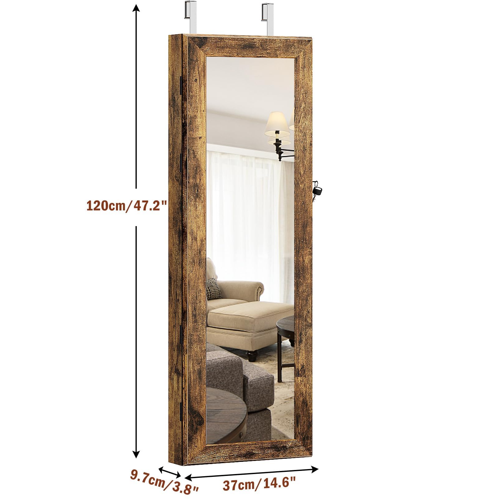 SDHYL LED Mirror Jewelry Cabinet - Full Length Wooden Storage Organizer with Lock, Wall or Door Mounted - Rustic Brown for Bedroom, Closet & Dressing Room