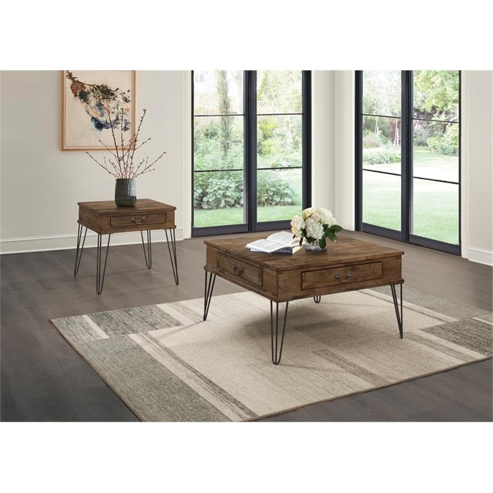 Rustic Oak and Black Lexicon Shaffner Wood 2-Drawer Square Coffee Table - Perfect for Living Room, Lounge, or Office Decor