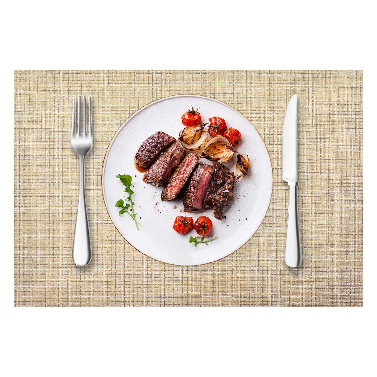 4-Pack Woven Vinyl Placemats for Dining Table - Waterproof & Washable Beige Placemat Set for Indoor/Outdoor Use - Perfect for Kitchen, Patio, and Picnic Settings