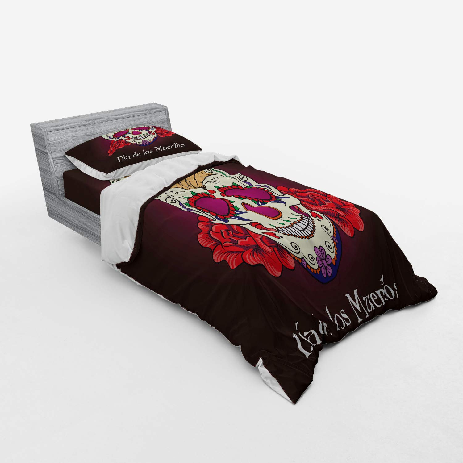 Ambesonne Day of The Dead Duvet Cover Set - 3 Piece Bedding with Sham & Fitted Sheet, Twin Size, Plum Red Cream | Dia de Los Muertos Spanish Skull Skeleton Print | Perfect for Halloween Decor, Themed Bedrooms & Cultural Home Decor