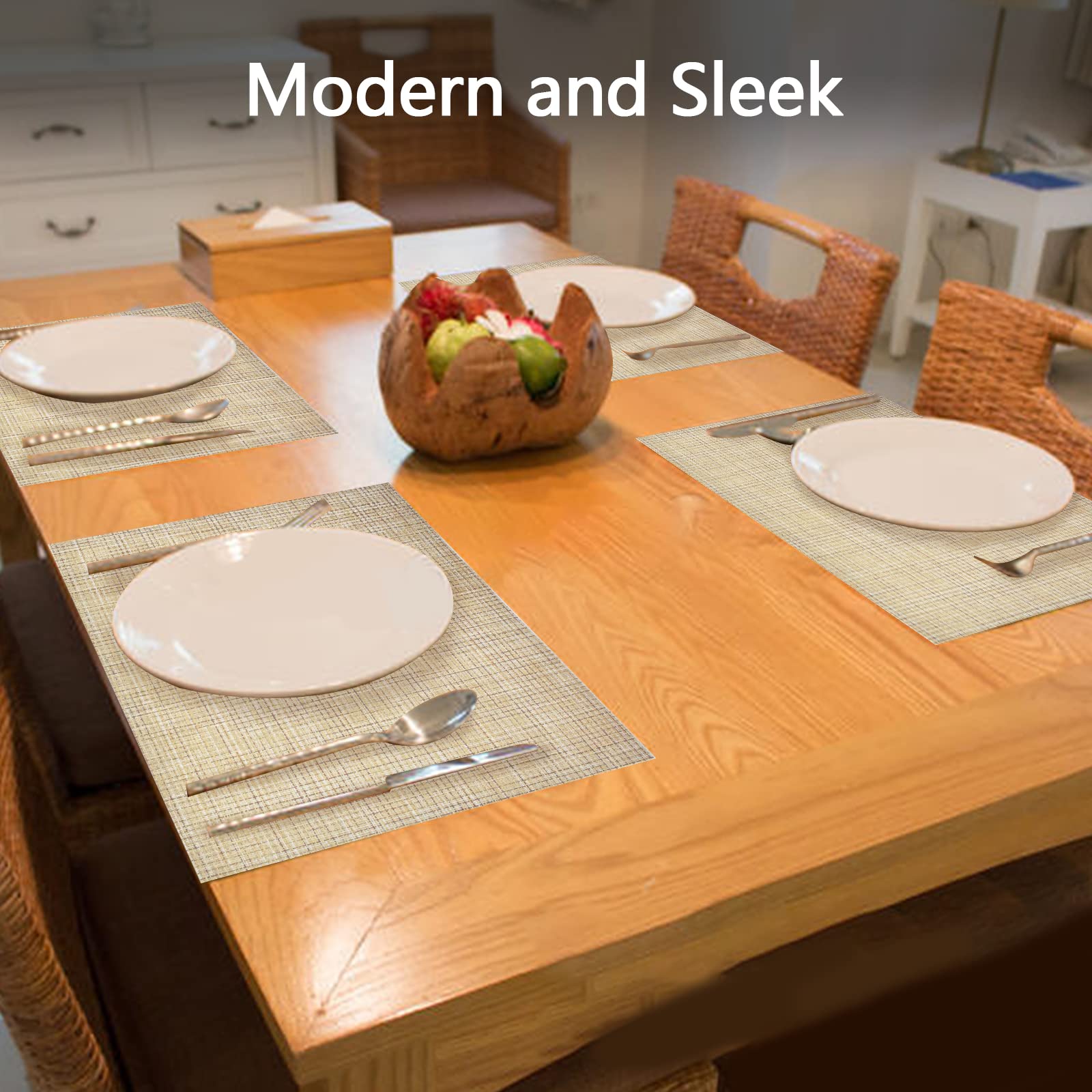 4-Pack Woven Vinyl Placemats for Dining Table - Waterproof & Washable Beige Placemat Set for Indoor/Outdoor Use - Perfect for Kitchen, Patio, and Picnic Settings