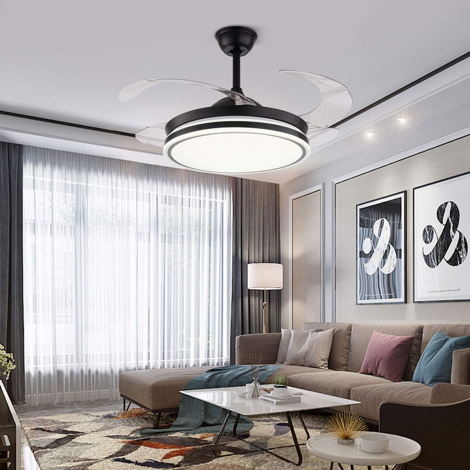 42 Inch Modern Retractable Blade Ceiling Fan with Remote Control - 3 Color Changing LED Lights & 3 Speed Settings - Ultra Quiet Invisible Chandelier Fan - US Stock - Perfect for Living Room, Bedroom, and Office Spaces