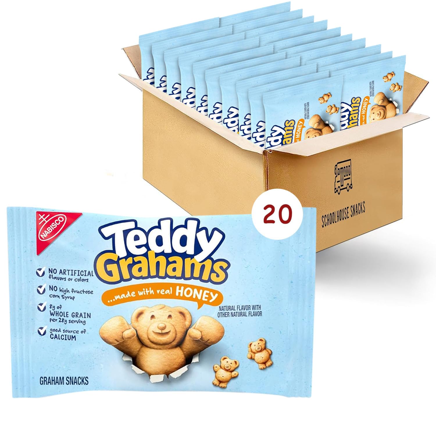 **Teddy Grahams Honey Graham Snacks for Kids - 20 Pack (1 oz Each) | Healthy School Snacks, Lunchbox Treats & On-the-Go Snacking**