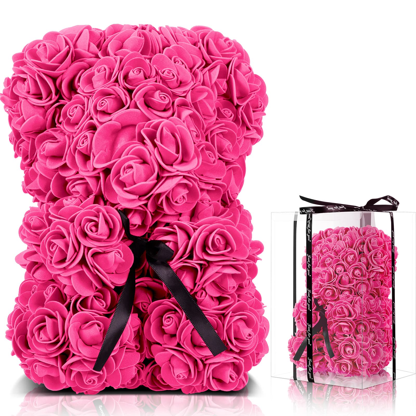 10 Inch Pink Rose Flower Teddy Bear - Handmade Faux Forever Rose Bear Gift for Valentine's Day, Anniversary, Wedding, Bridal Shower & Mother's Day - Romantic Home Decor with Clear Display Box