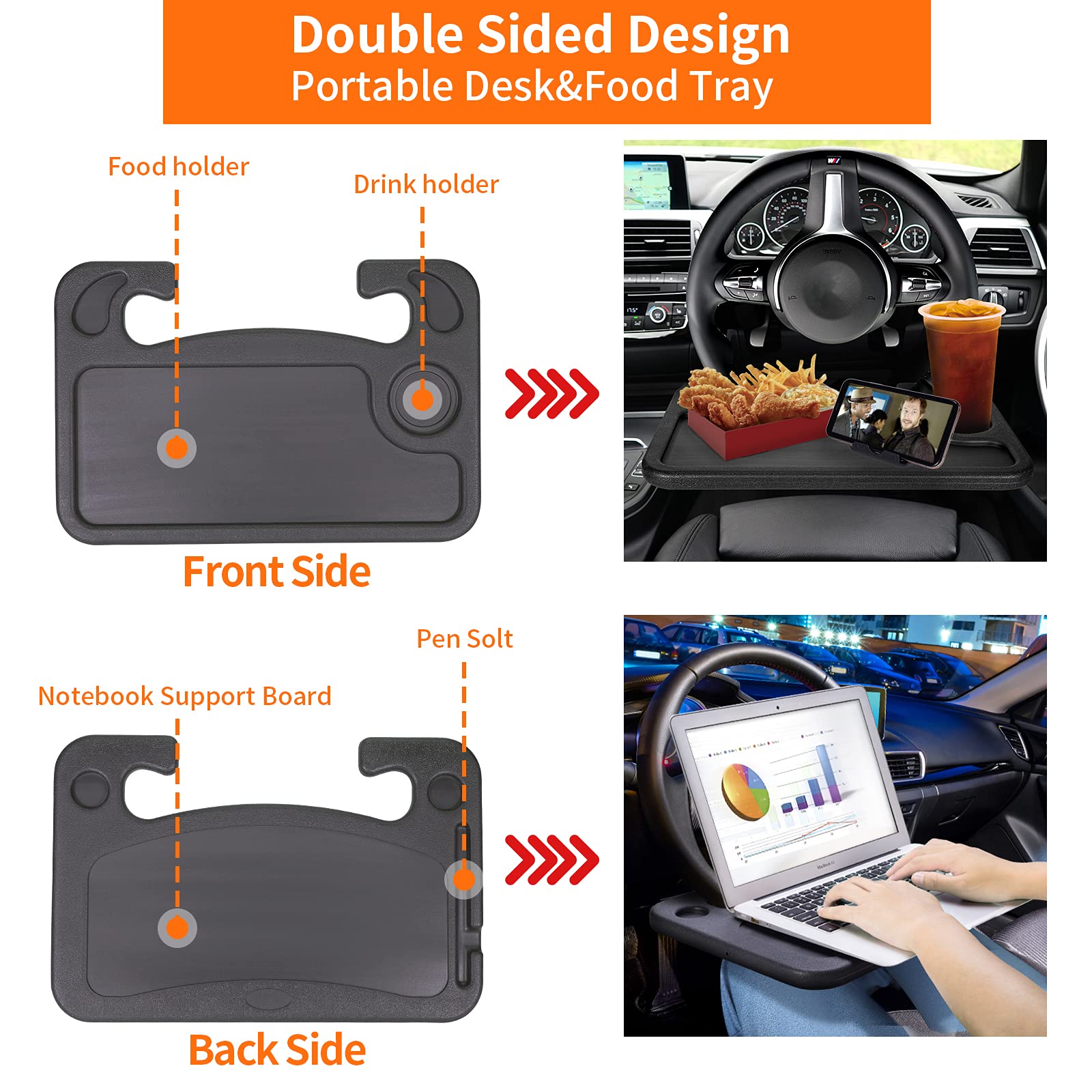 Universal Car Steering Wheel Tray - Adjustable Laptop Holder with Phone Stand | Portable Food Tray for Eating, Working & Reading in Car | Fits iPad, Tablet & Notebook (Black) - Perfect for Commuters, Delivery Drivers & Road Trips